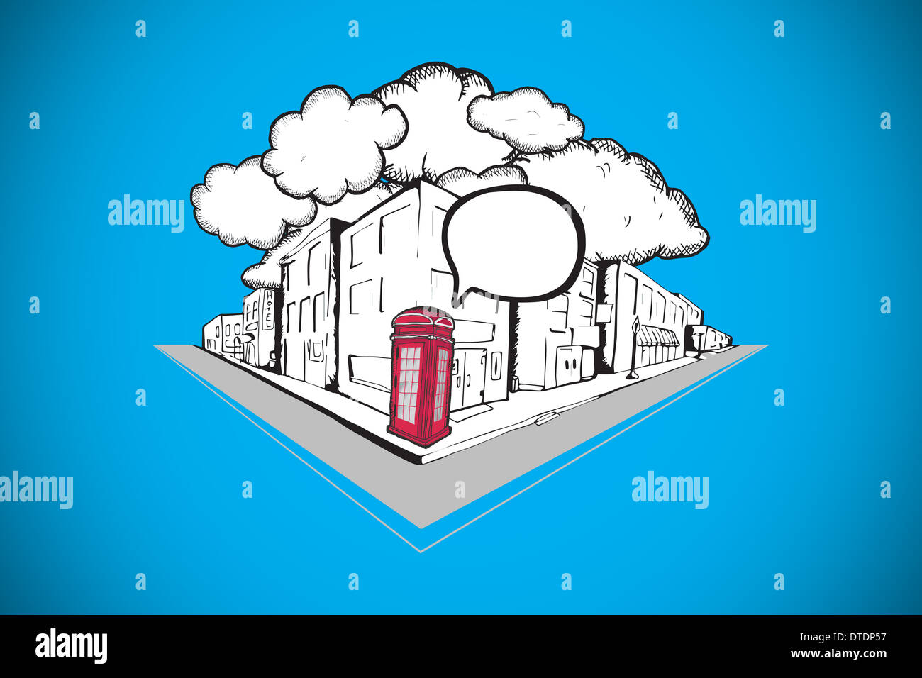 Composite image of phone box with speech bubble on street doodle Stock Photo