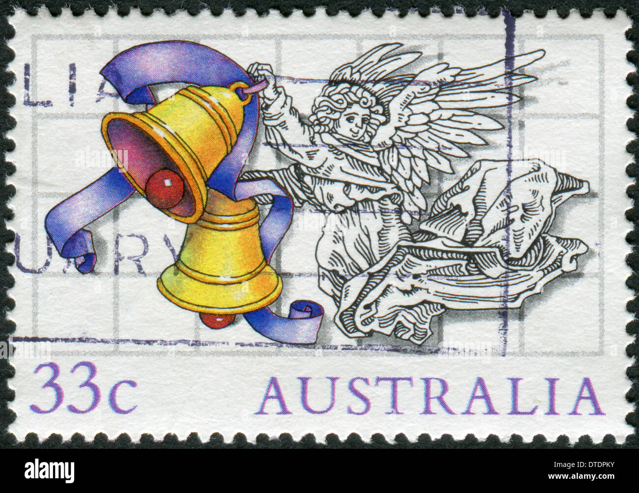 Postage stamp printed in Australia, Christmas Issue, shows Illustrations by Scott Hartshorne, Angel with bells Stock Photo