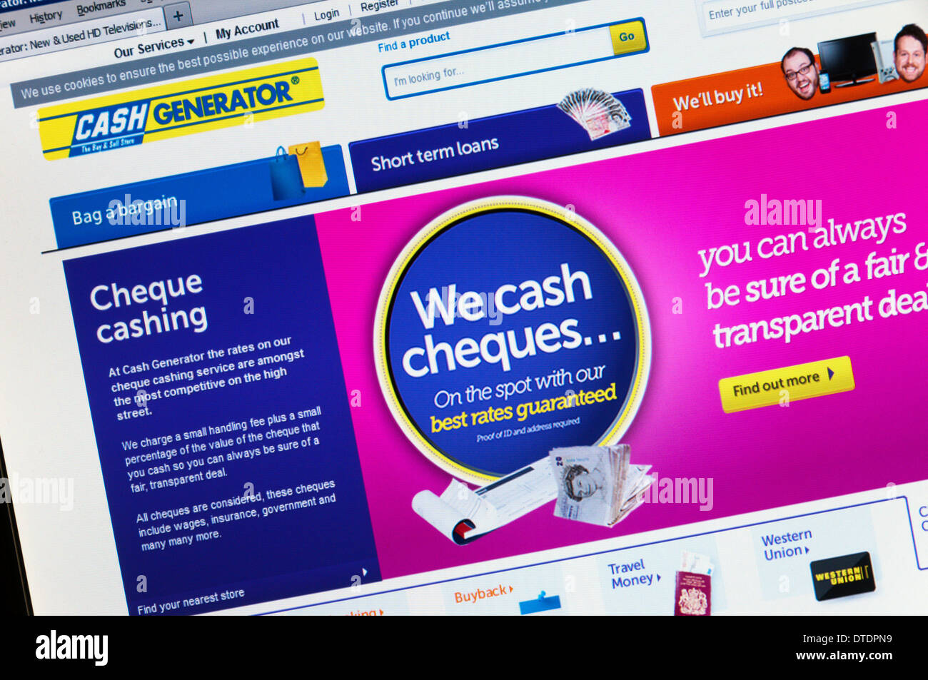 The home page of Cash Generator UK pawn brokers. Stock Photo