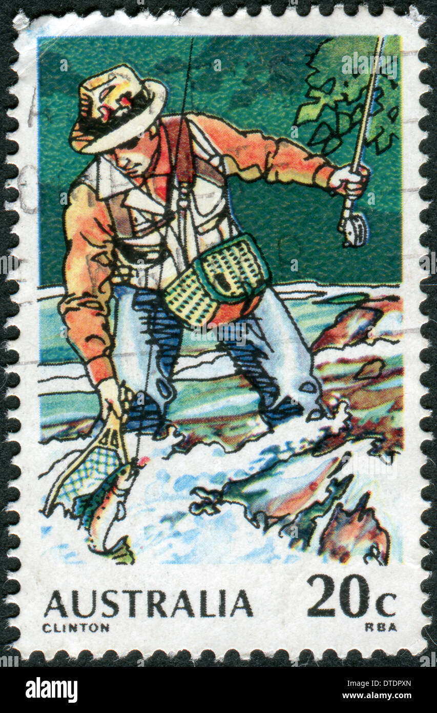 AUSTRALIA - CIRCA 1979: Postage stamp printed in Australia, dedicated to Sport fishing, shows Trout Fishing, circa 1979 Stock Photo