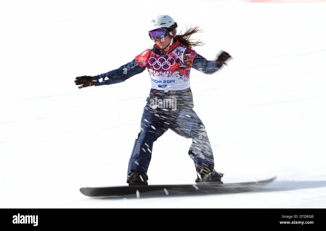 Zoe Gillings (GBR) qualifies for the quarter finals. Womens Snowbboard Cross - Rosa Khutor Extreme Park - Sochi - Russia - 16/02/2014 Stock Photo