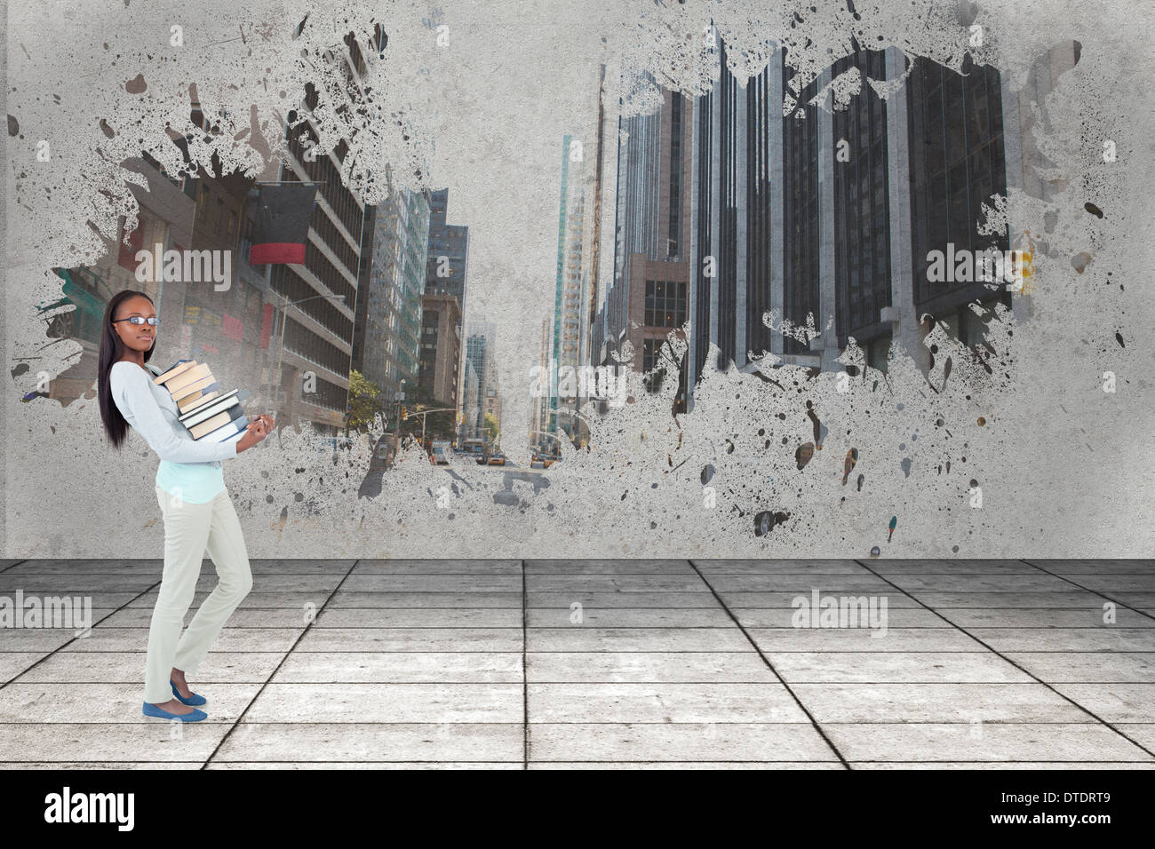 Composite image of side view of young woman carrying a pile of books ...