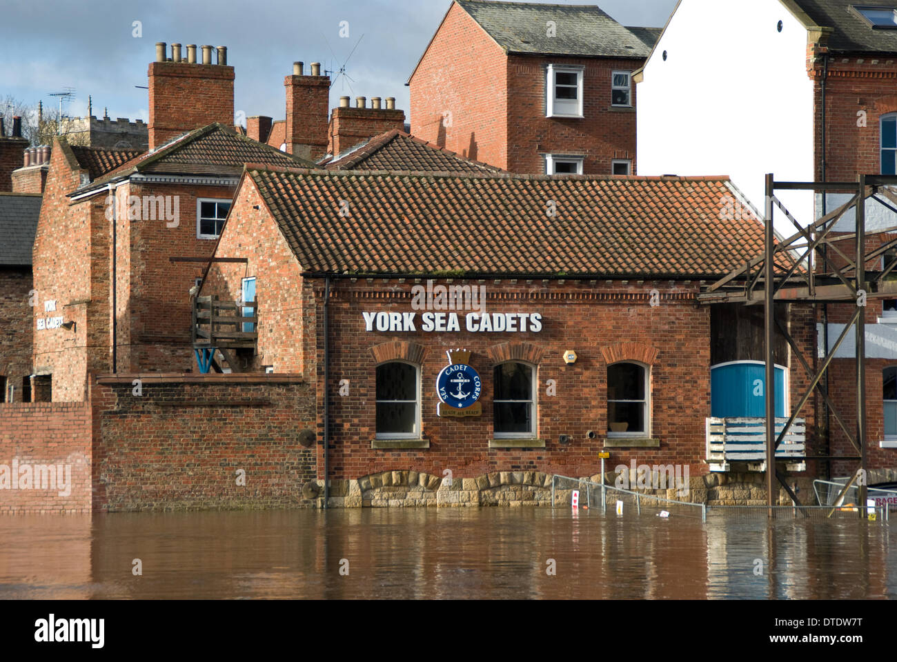 York, UK. 16th February 2014. The Sea Cadets building on Queens Staith in York flooded by the river Ouse on the 16th of February. York is regularly flooded by the River Ouse. Flood defences and stategies are well rehearsed in the city. Credit:  CHRIS BOSWORTH/Alamy Live News Stock Photo