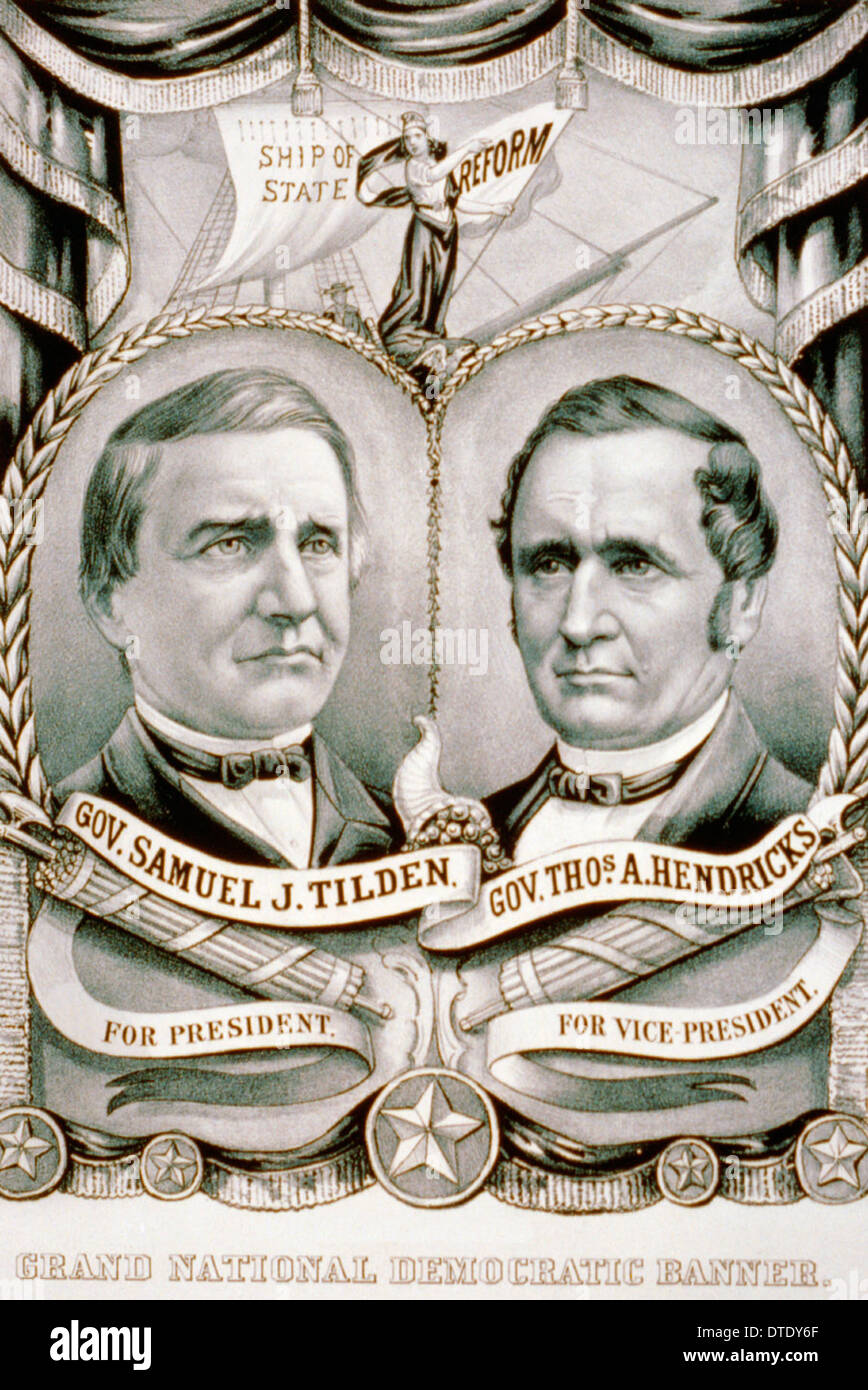 A campaign banner for Democratic candidates Samuel J. Tilden and Thomas A. Hendricks, 1876 USA Presidential election. The Tilden-Hendricks banner stresses their campaign theme of federal reform. Above the candidates' portraits appears the figure of Liberty, holding a flag 'Reform' and pointing toward the right. Visible behind her is the 'Ship of State' with billowing sails. Near the rock on which Liberty stands are a small eagle and a book Stock Photo