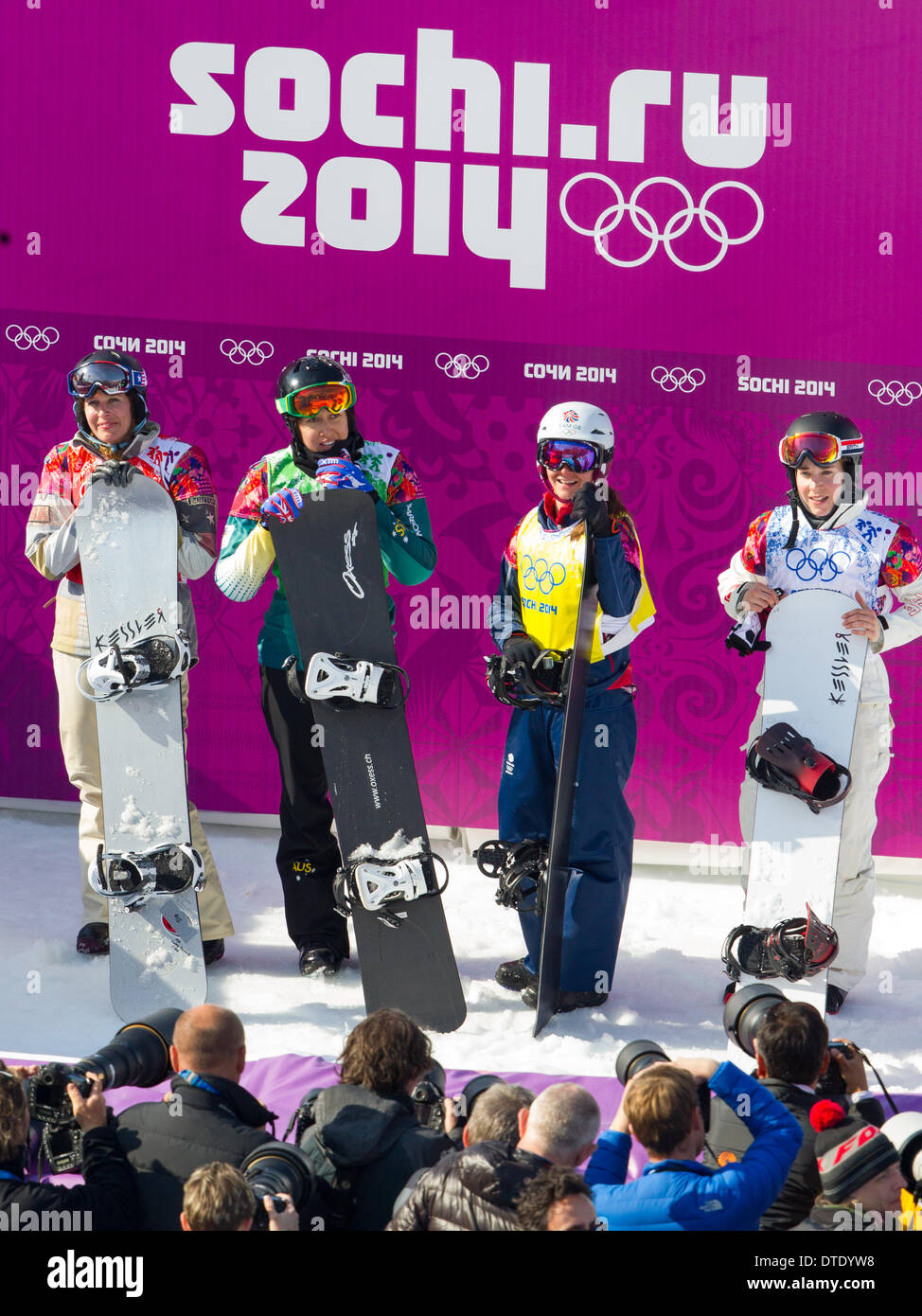 Sochi, Russia, Rosa Khutor Extreme park. 16th Feb, 2014. Ladies Small Final riders - (LtoR): Lindsy Jacobellis (USA-4th), Belle Brockhoff (AUS-2nd), Zoe Gillings (GBR-1st) and Simona Meiler (SUI-5th) Credit:  Action Plus Sports/Alamy Live News Stock Photo