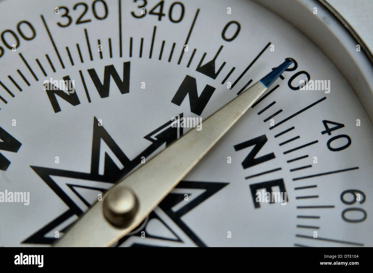 Finding your direction / Survival skills concept - Close-up of compass rose and magnetic bearing. Concept navigation. Stock Photo