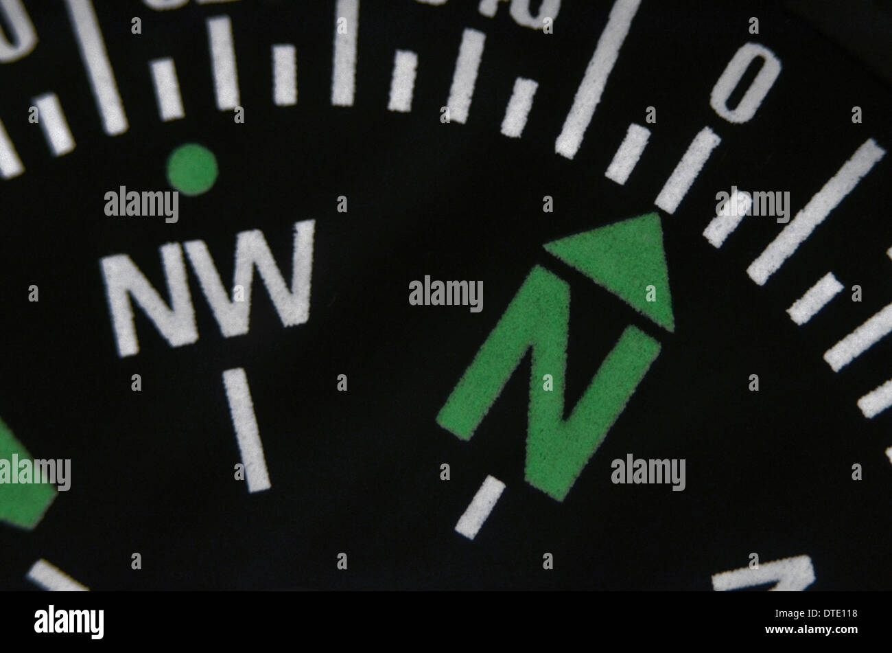 Survival skills concept - Extreme close-up of compass rose and magnetic bearing. Concept navigation, north direction. Stock Photo