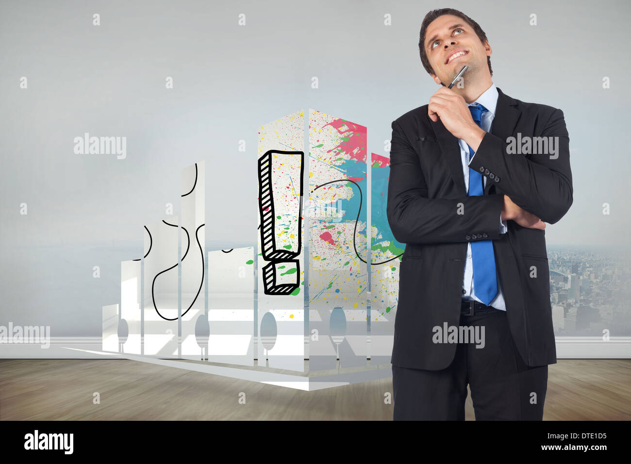 Composite image of thinking businessman holding pen Stock Photo - Alamy