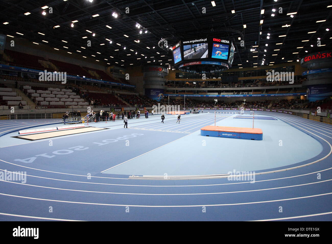 Sopot, Poland 16th, February 2014 New athletics track at the ERGO Arena sports hall is ready for the IAAF World indoor Championships Sopot 2014. Championships starts on 7th of March 2014. Stock Photo