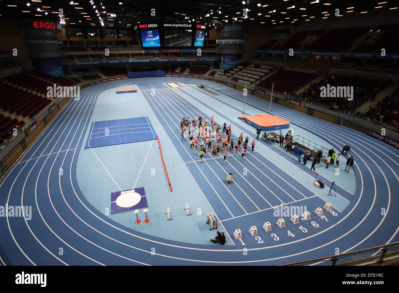 Sopot, Poland 16th, February 2014 New athletics track at the ERGO Arena sports hall is ready for the IAAF World indoor Championships Sopot 2014. Championships starts on 7th of March 2014. Stock Photo