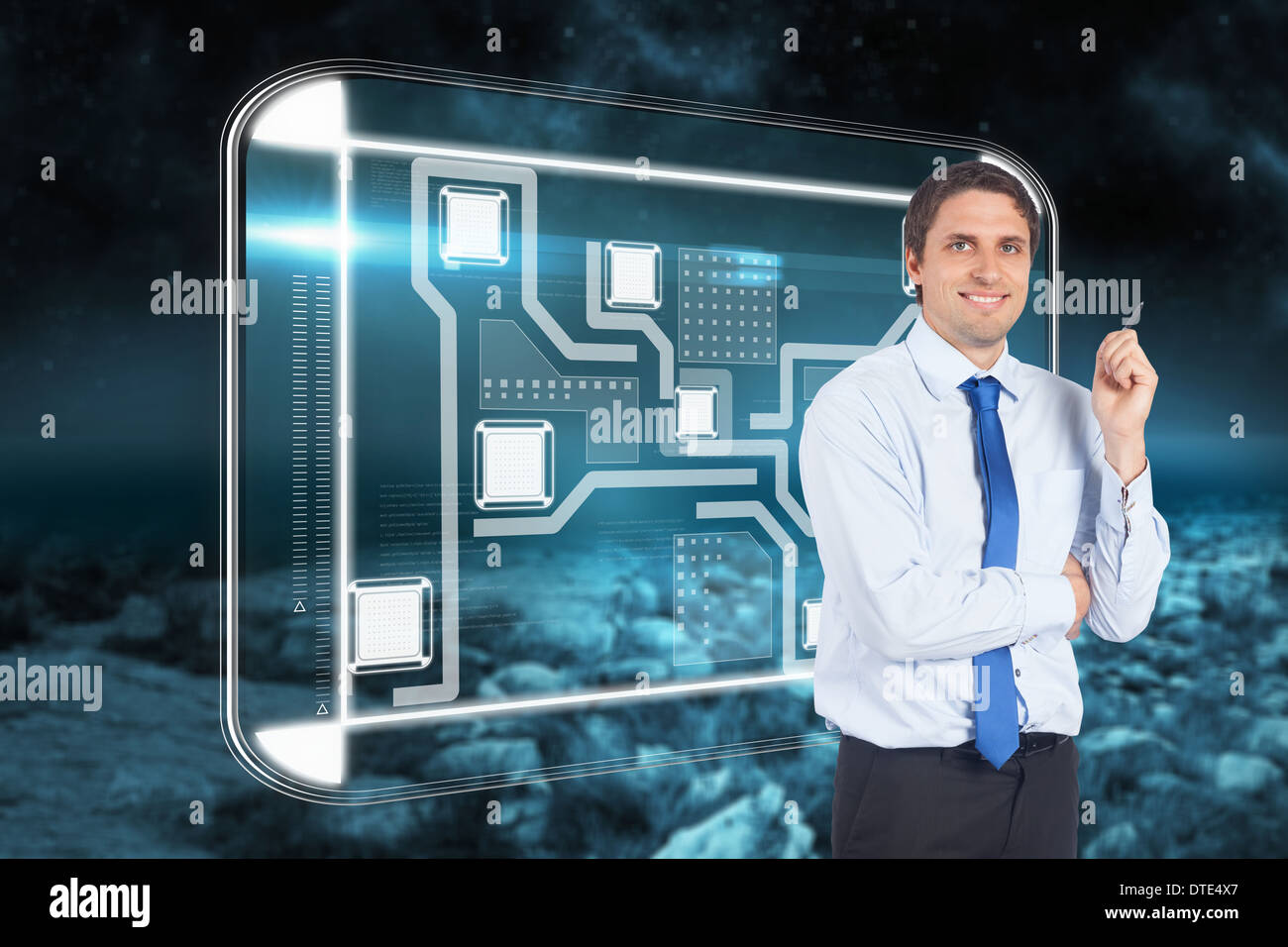 Composite image of thinking businessman holding pen Stock Photo - Alamy