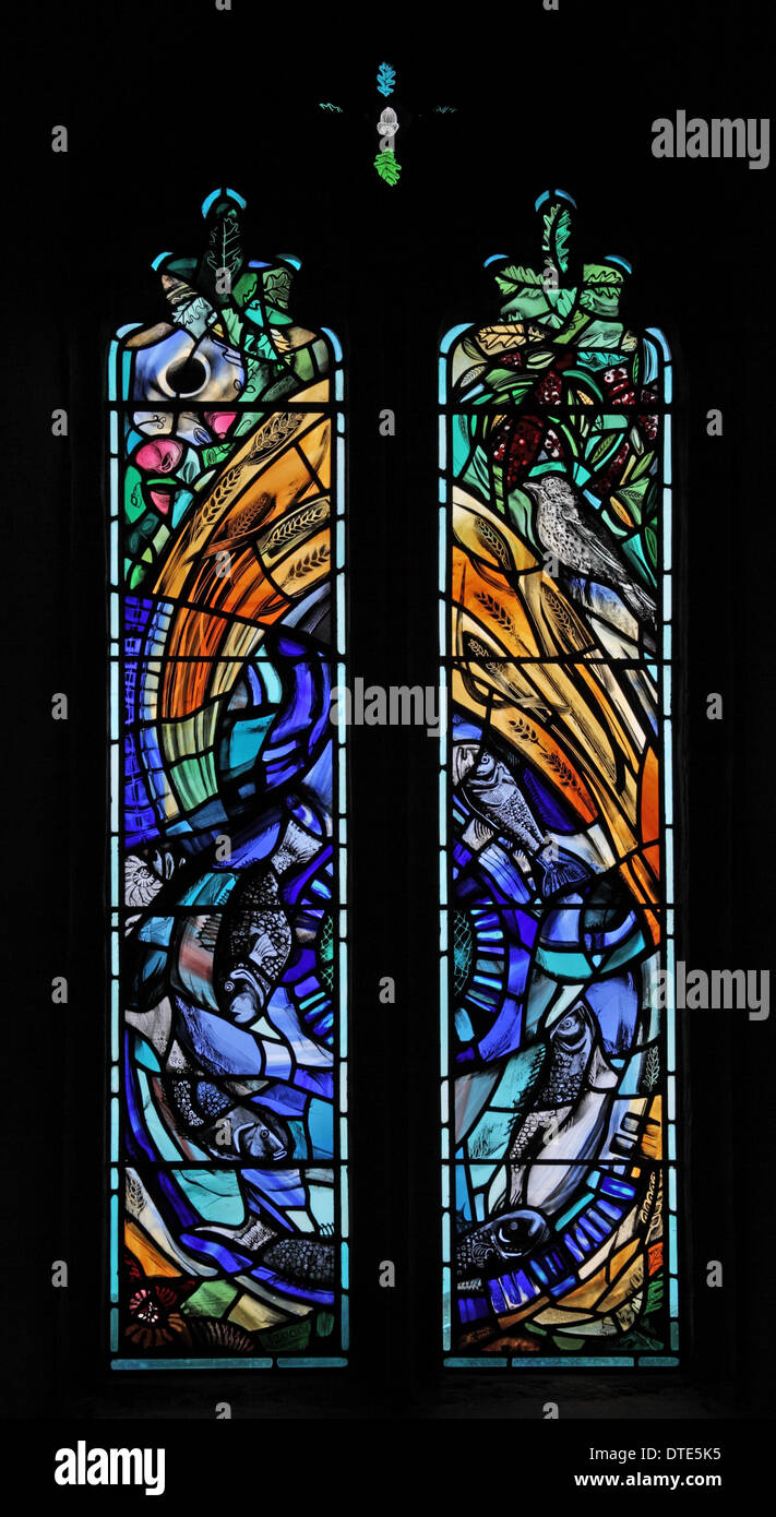 Modern Stained glass window by Frankie Pollack; St Andrew's Church, Old Cleeve, Somerset, installed to celebrate the millennium in 2000 Stock Photo