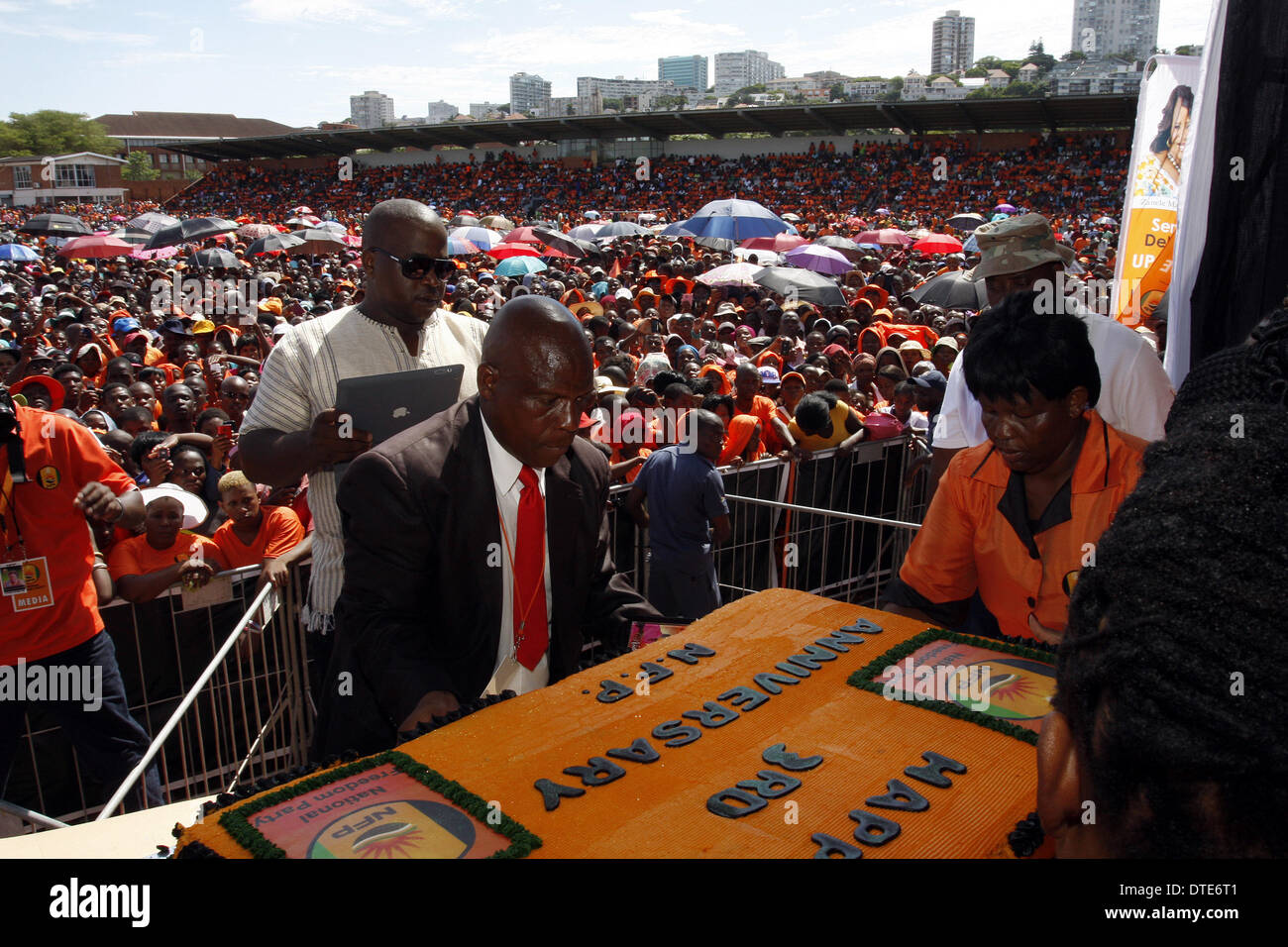 DURBAN - 16 February 2014 - The birthday cake of South Africa's National Freedom Party brought onto stage at Curries Fountain Stadium in Durban, which is packed with thousands of NFP supporters. The NFP earlier launched its 2014 election manifesto. The party was founded when the Inkatha Freedom Party's then national chairwoman Zanele kaMagwaza-Msibi broke away to form the NFP.  The country goes to the polls on May 7 for the fifth election since the end of apartheid in 1994. Picture:  Allied Picture Press/APP Stock Photo