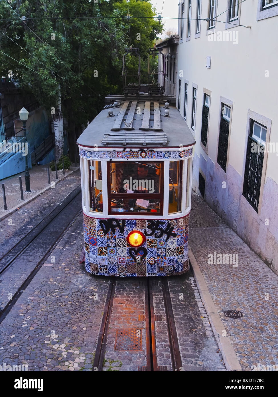 Funicular going up the Calcada da Gloria street in Lisbon, Portugal ...