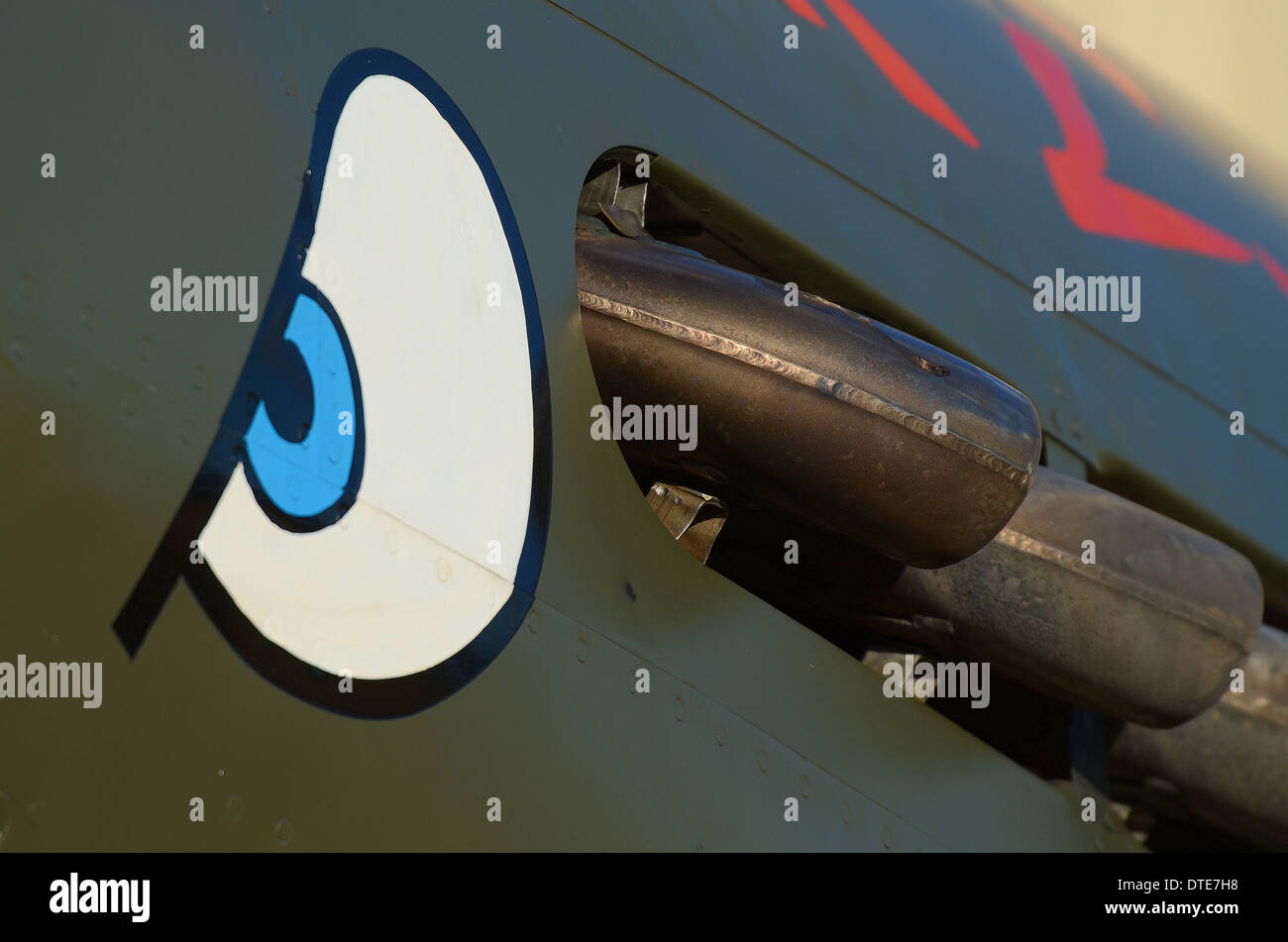 This shark mouth nose art is on a P-40 KittyHawk, and this is a close up of the shark's eye Stock Photo