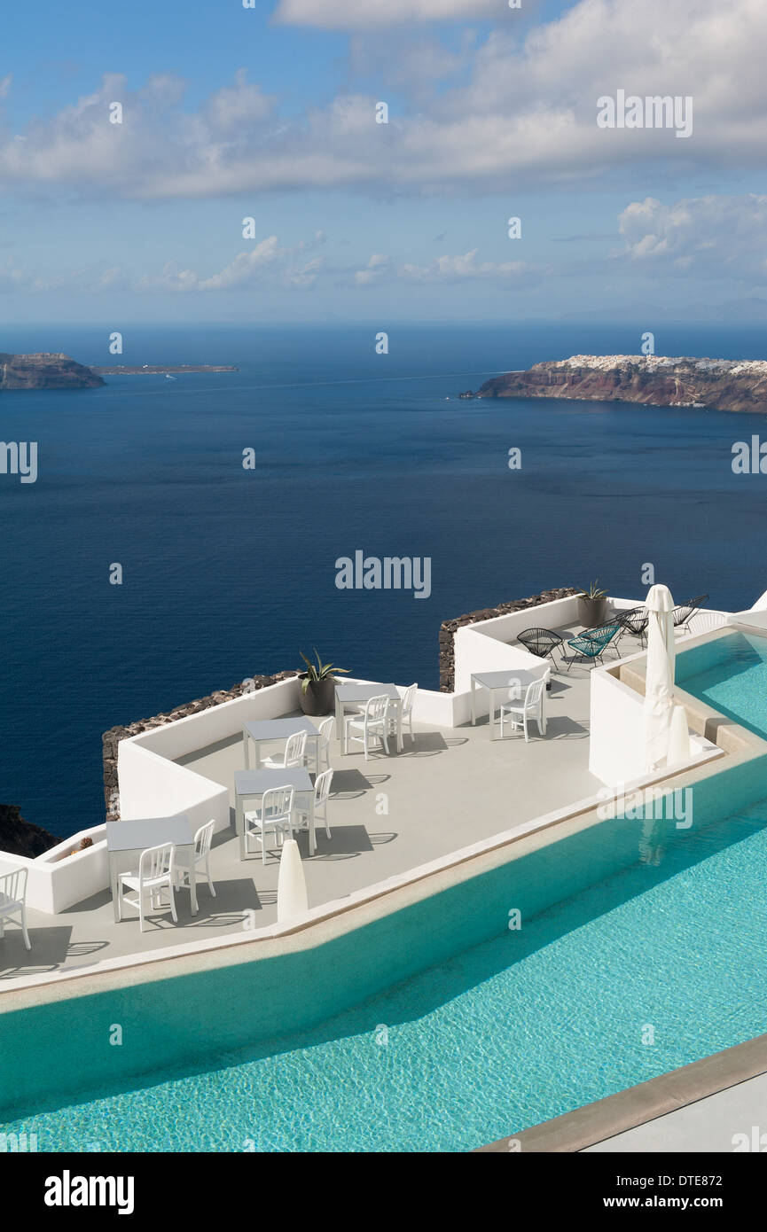 Swimming Pool near Caldera of Santorini Greece Stock Photo