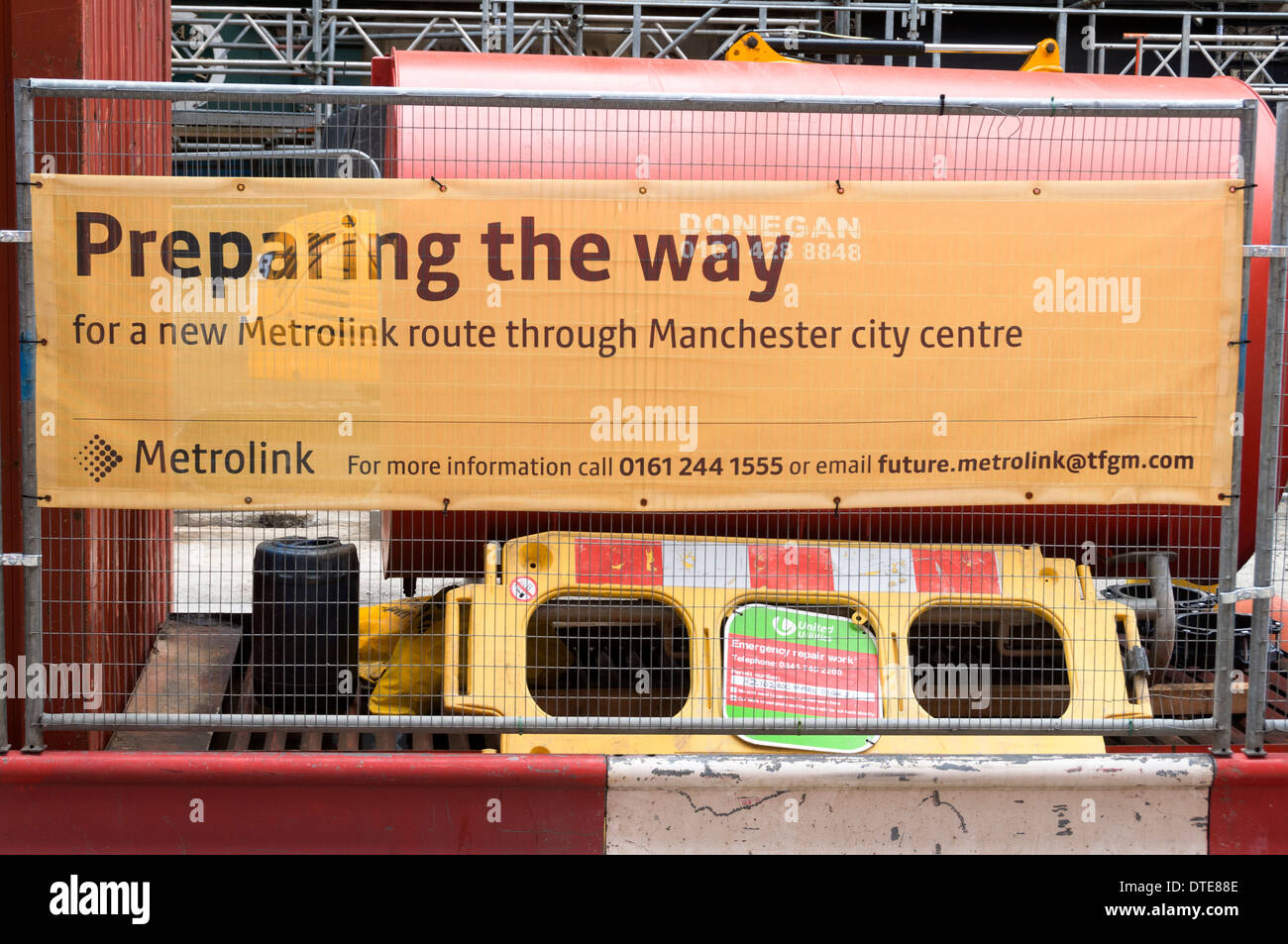 Sign on advance roadworks for the new Metrolink Second City Crossing tram line, Corporation St, Manchester, UK. Stock Photo
