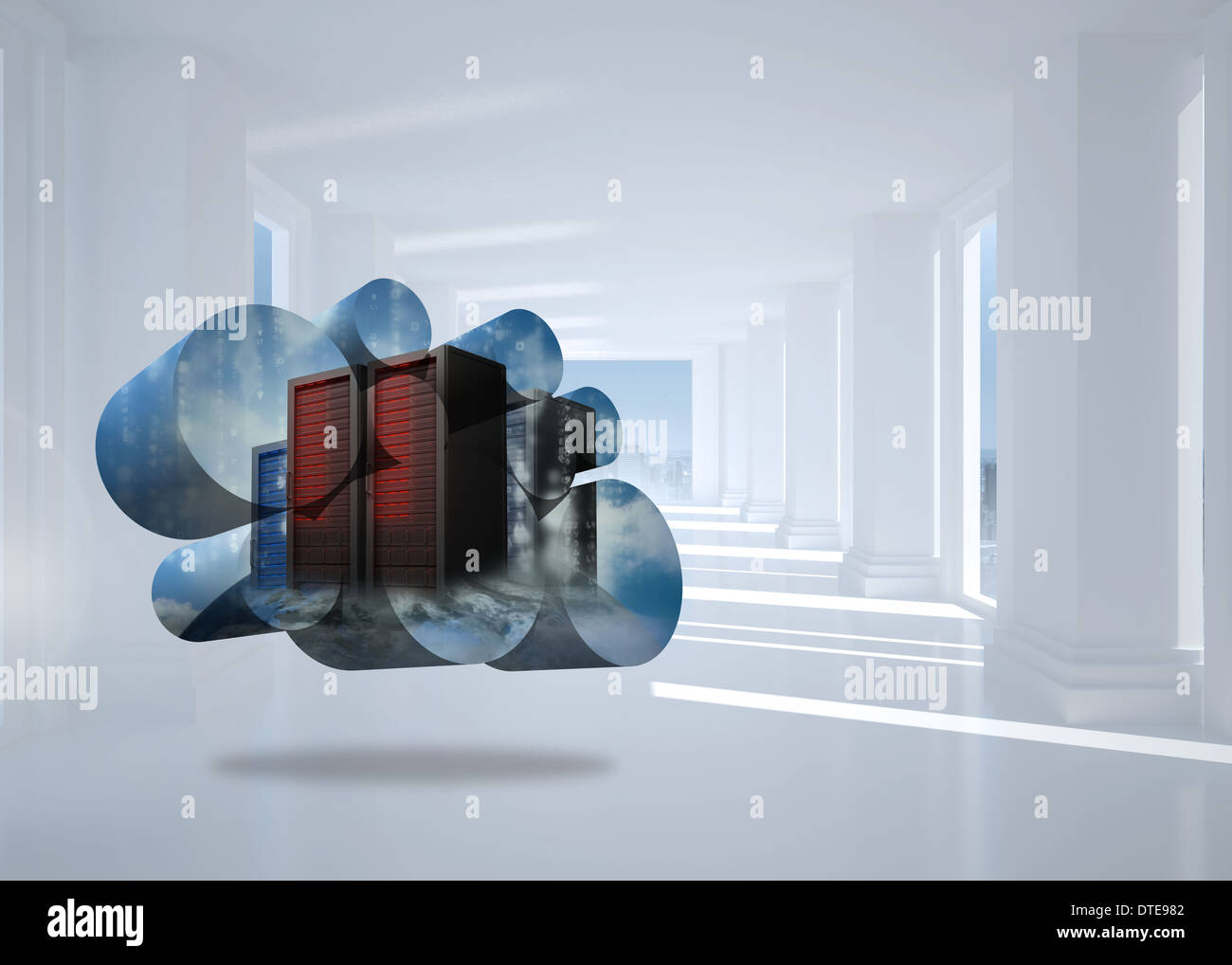 Composite image of server towers on abstract screen Stock Photo