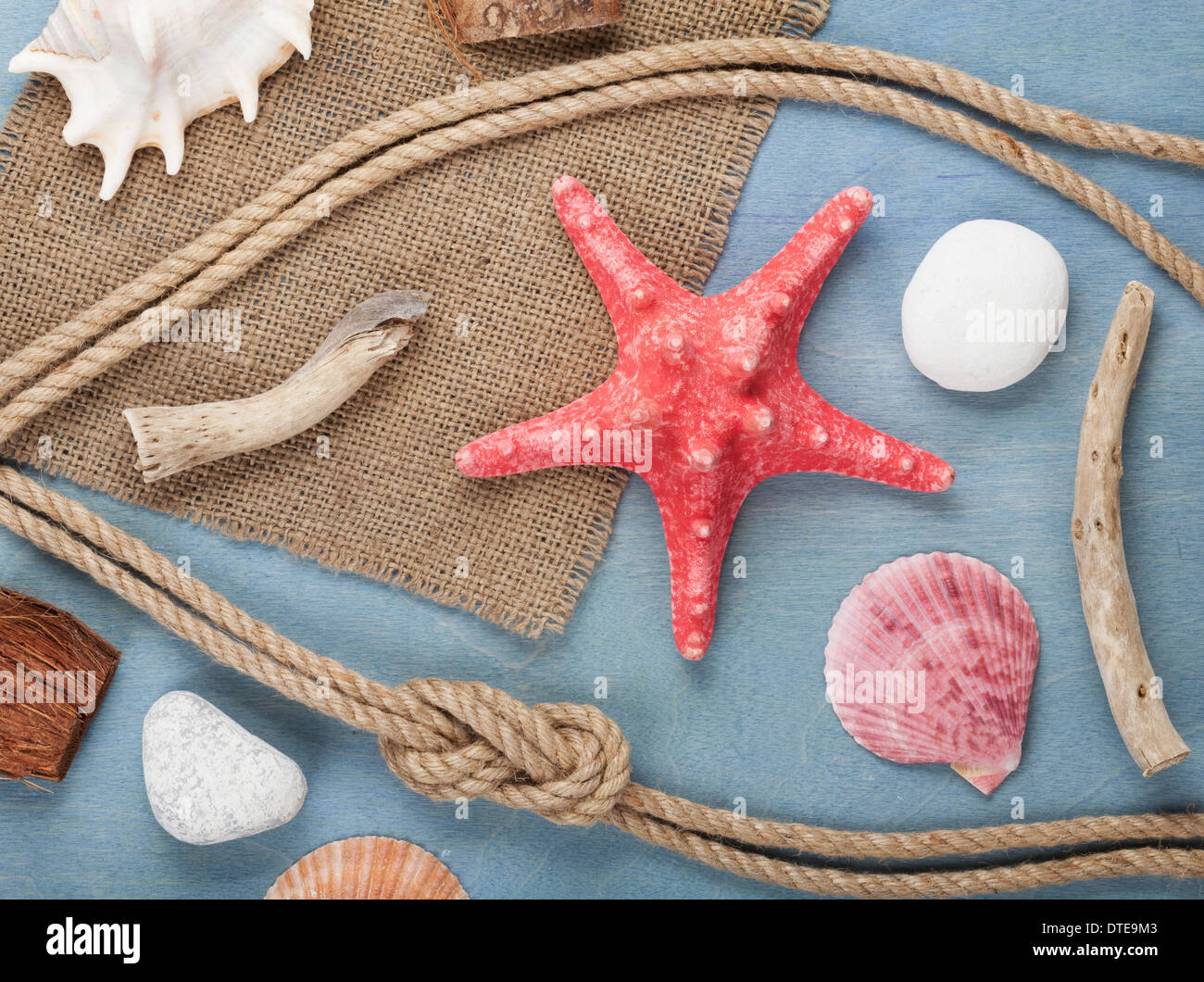 Seashells, ship rope and burlap over wooden background Stock Photo