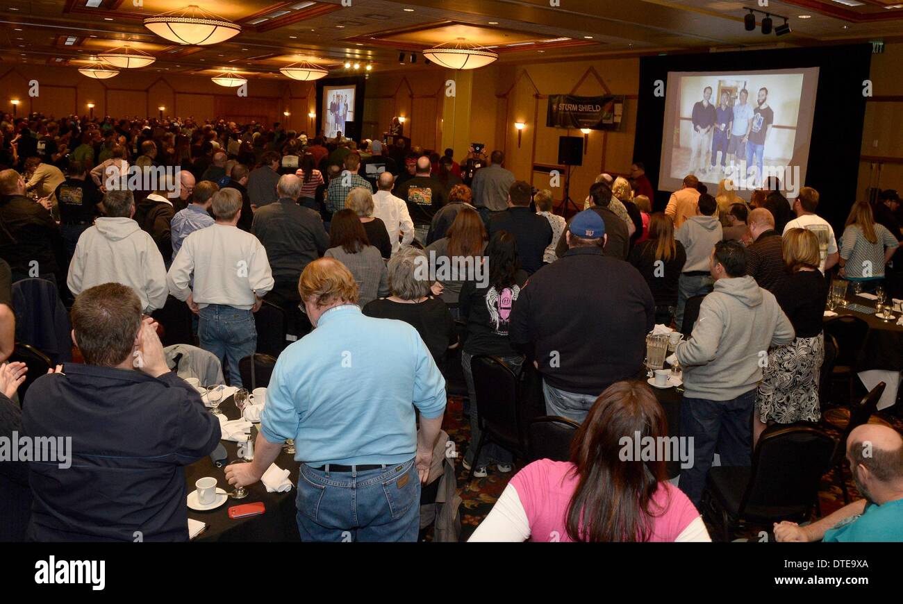 Feb 15, 2014. Denver CO. A crowd of 400 storm chasers do final standing ovation for Tim Samaras and son Paul Samaras and Carl Young during the 2014. Chaser Con(storm chasers convention) Saturday. The NWS(National Weather Service) did a final report that a sub-vortex (two in one) tornado came at them at 100 mph and over ran the chaser in El Reno OK tornado in May 2013. Photo by Gene Blevins/LA DailyNews/ZumaPress (Credit Image: © Gene Blevins/ZUMAPRESS.com) Stock Photo