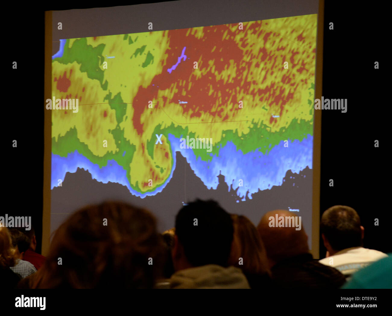 Feb 15, 2014. Denver CO. NWS of Denver(National Weather Service) does a full and correct presentation on what happen at the start to impact of a sub-vortex( two in one) tornado that was going 100 mph that killed three storm chasers Tim Samaras and son Paul Samaras and Carl Young during the 2014. Chaser Con(storm chasers convention) Saturday. A crowd of 400 plus storm chasers came out to remember them when they were killed in the El Reno OK tornado in May 2013. Photo by Gene Blevins/LA DailyNews/ZumaPress (Credit Image: © Gene Blevins/ZUMAPRESS.com) Stock Photo