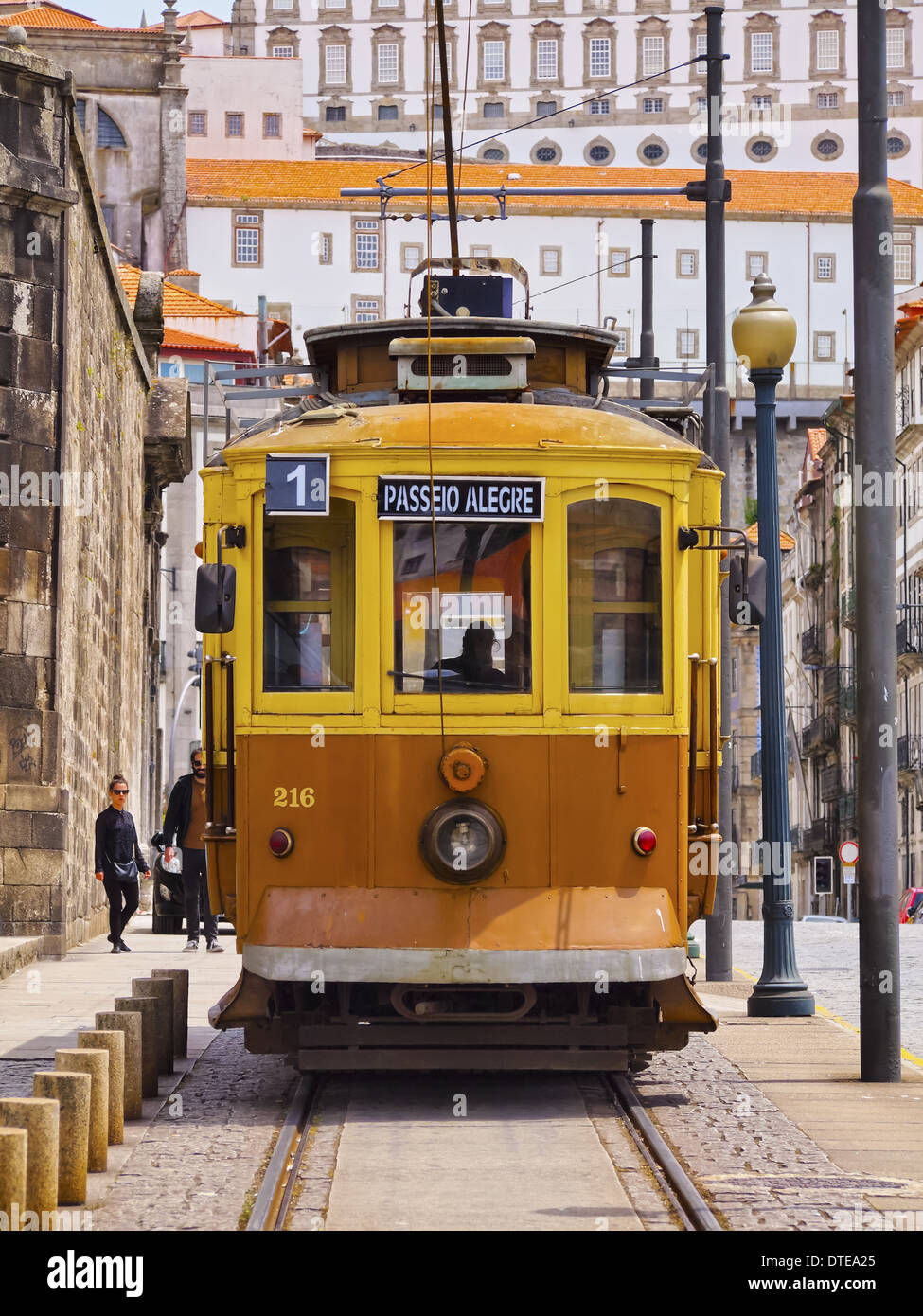 Passeio Alegre Number 1 Tram going along the Douro River in Porto, Portugal Stock Photo