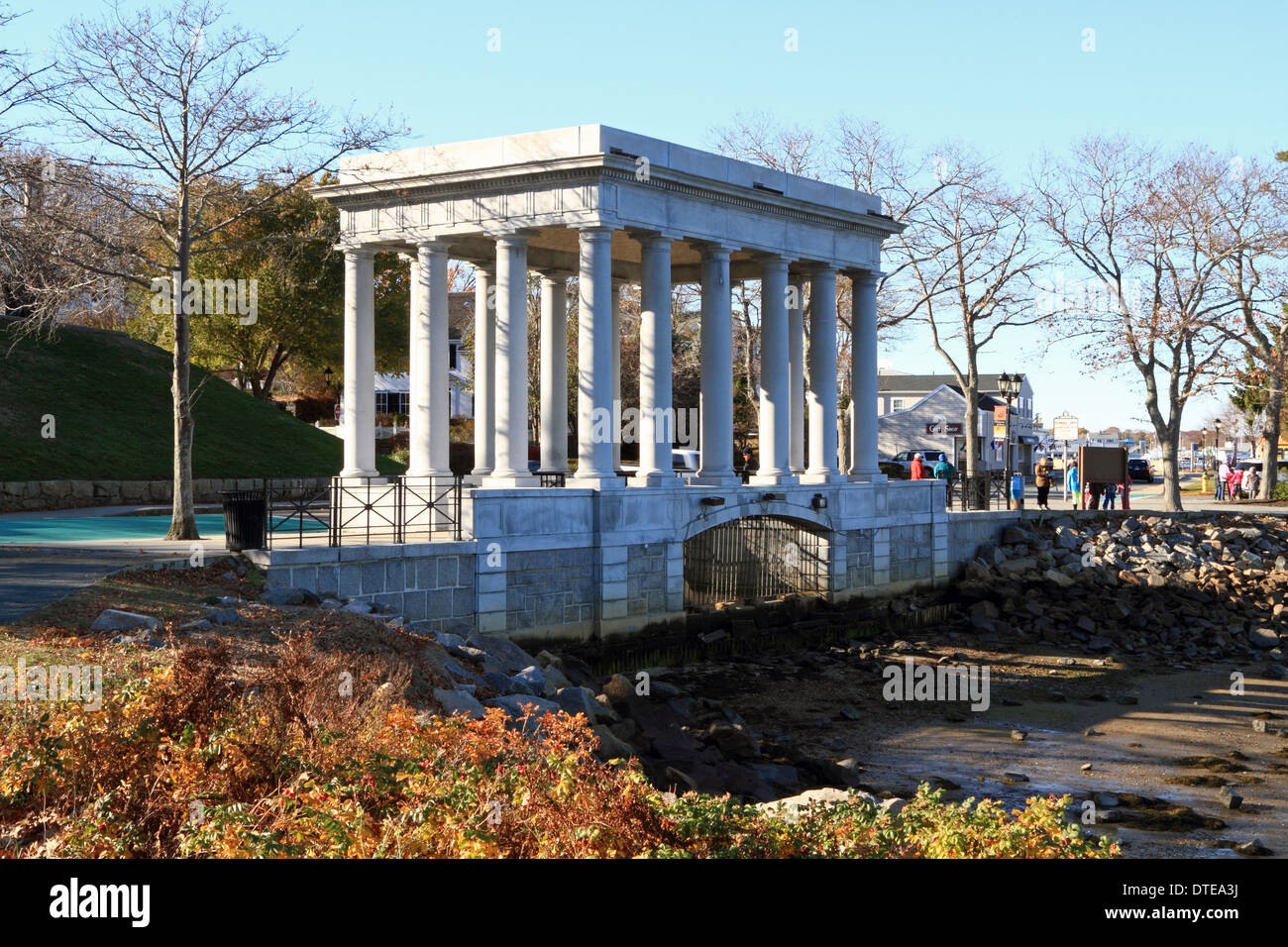 The monument enclosing Plymouth Rock in Plymouth Harbor. The site of the Pilgrims landing in America. Plymouth Massachusetts Stock Photo