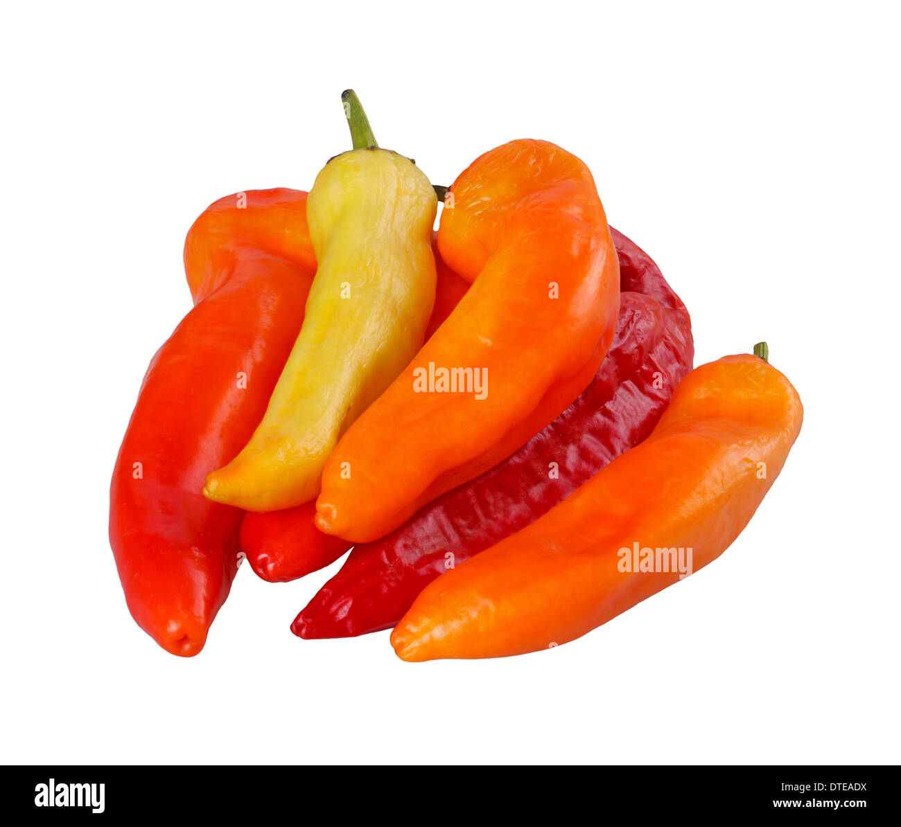 Mixed group of ripe red, yellow and orange medium hot banana peppers (Capsicum annuum) isolated against a white background Stock Photo