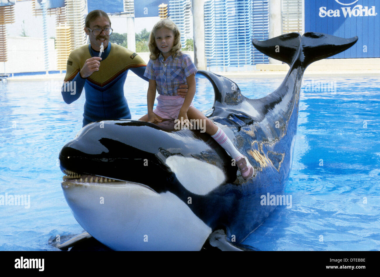 Girl sitting on Killer Whale at Seaworld Orlando USA 1981 Stock Photo
