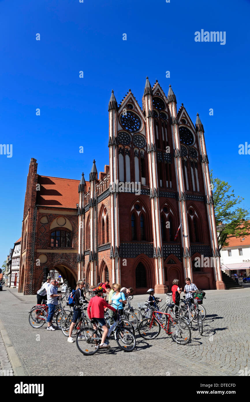 Elbe cycle route,  town hall of Tangermuende  Elbe, Tangermünde, Altmark, Sachsen-Anhalt, Germany, Europe Stock Photo