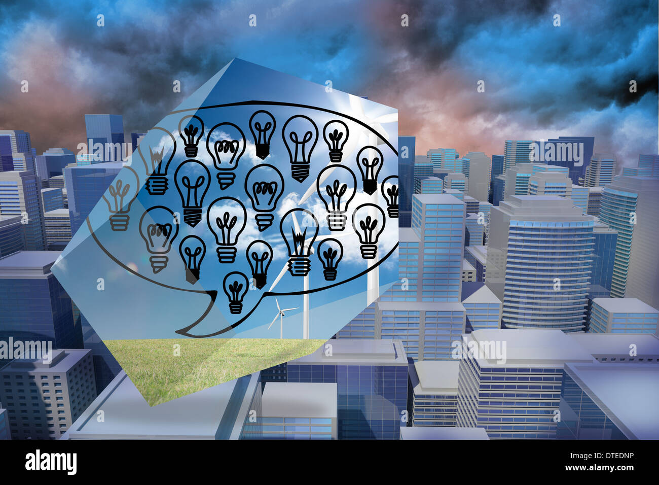Composite image of light bulbs in speech bubble on abstract screen Stock Photo