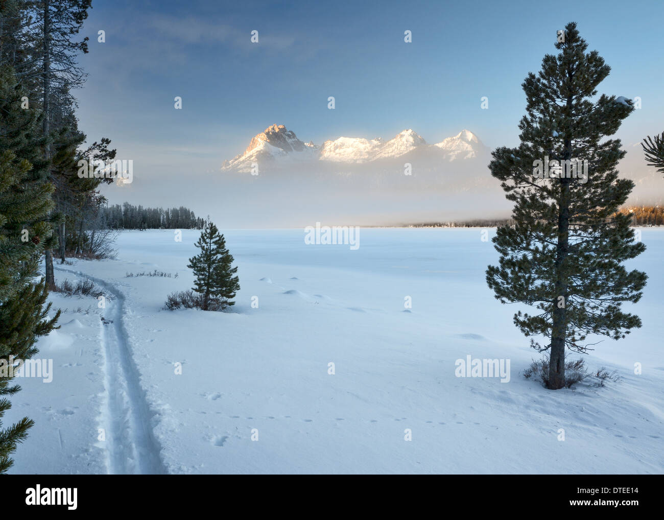 Ski trails lead into the mountains winter Stock Photo