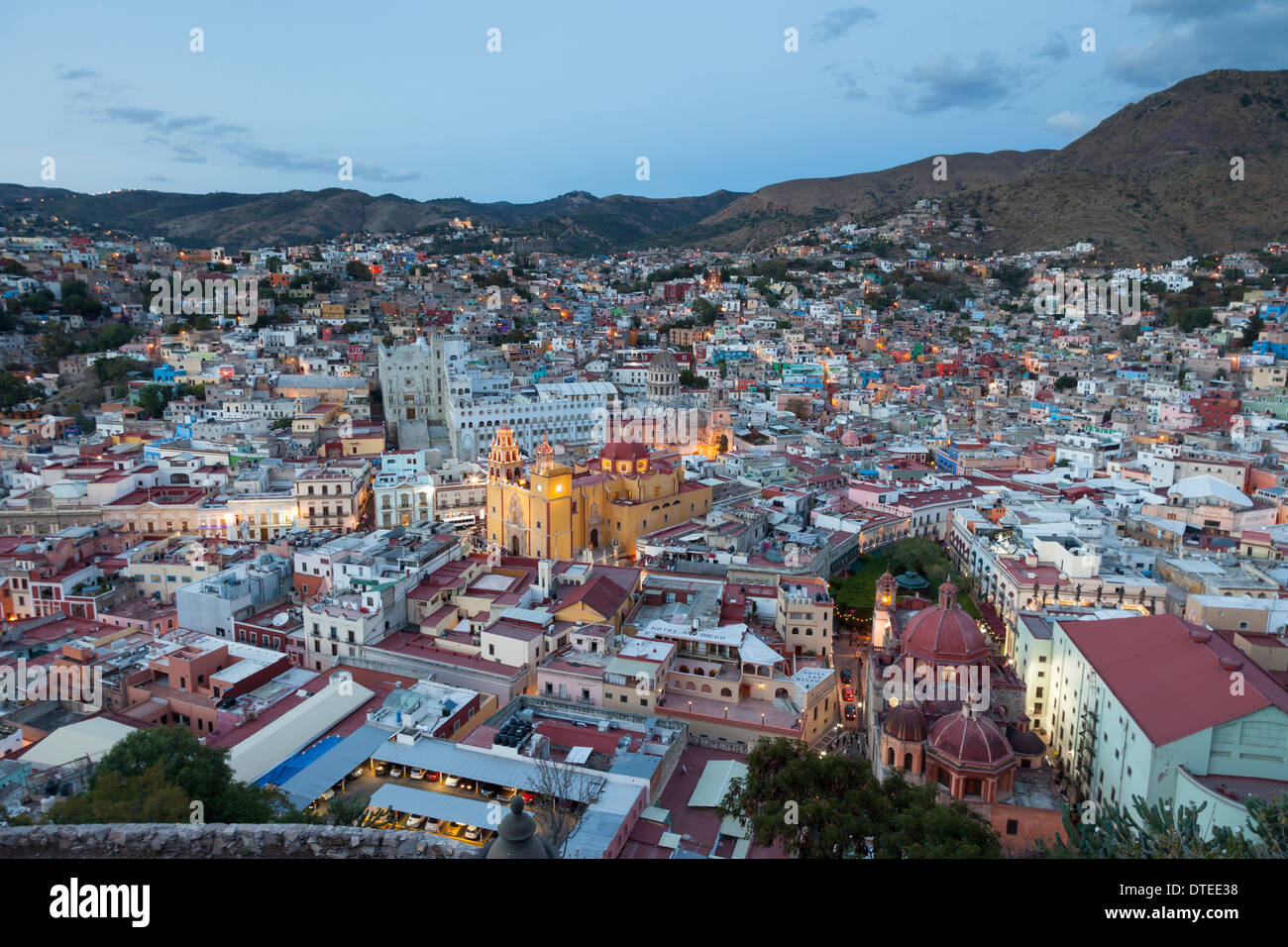 Overview of the city of Guanajuato at dusk - Guanajuato, Guanajuato, Mexico Stock Photo