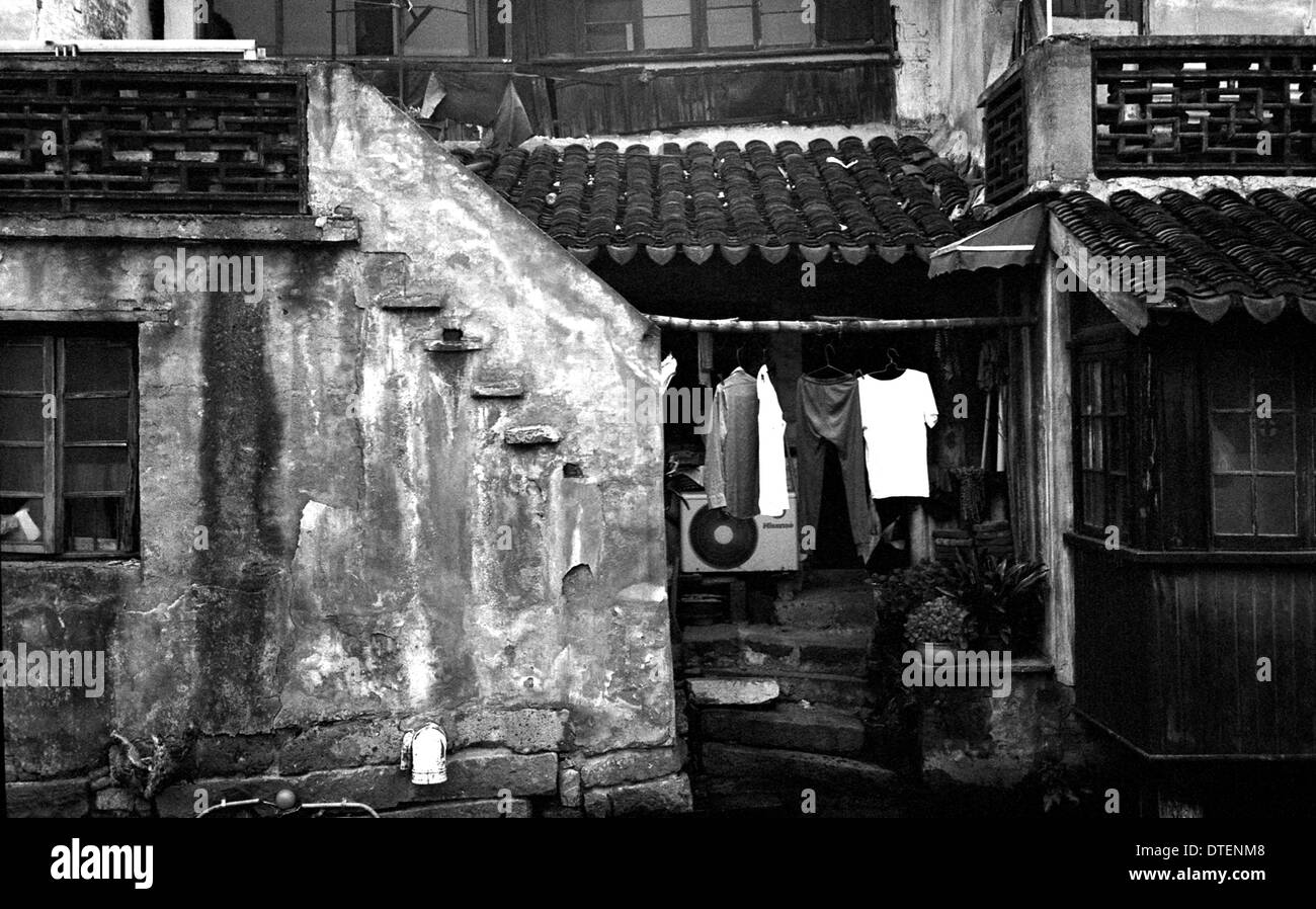 laundry behind the windows in china Stock Photo