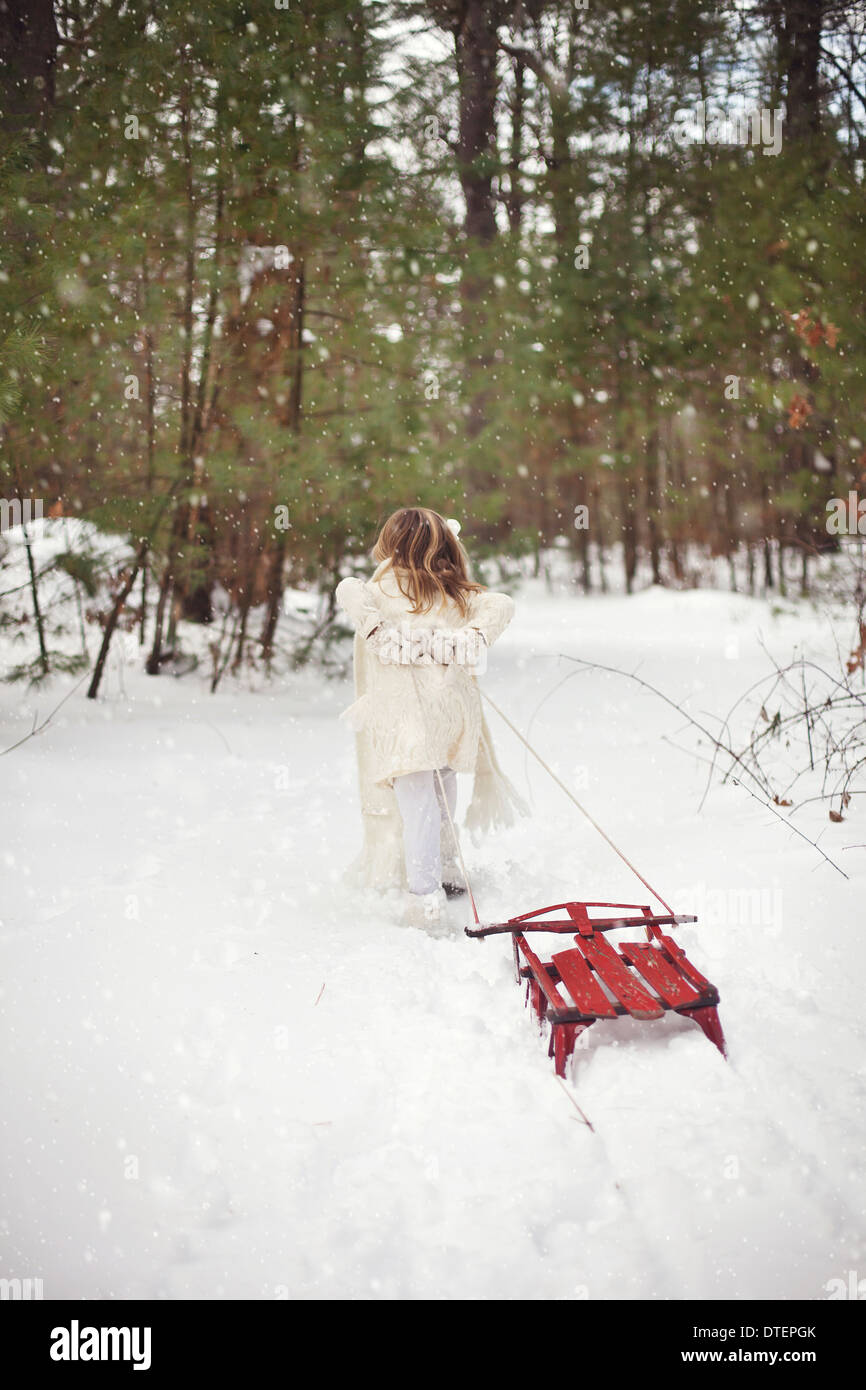 Girl (4-5) pulling toboggan in forest Stock Photo