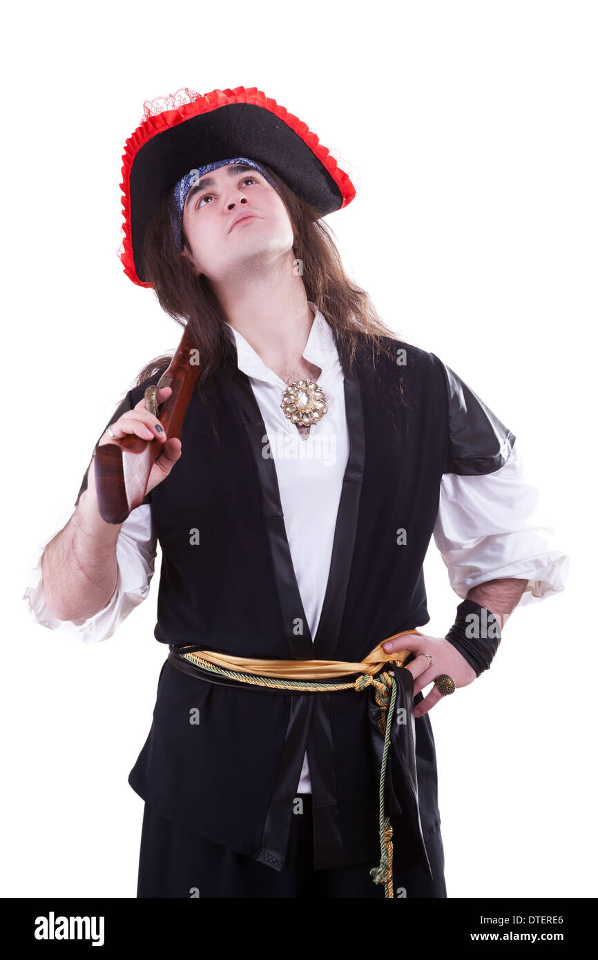 Pirate with a scar on hand and a gun isolated on white background Stock ...