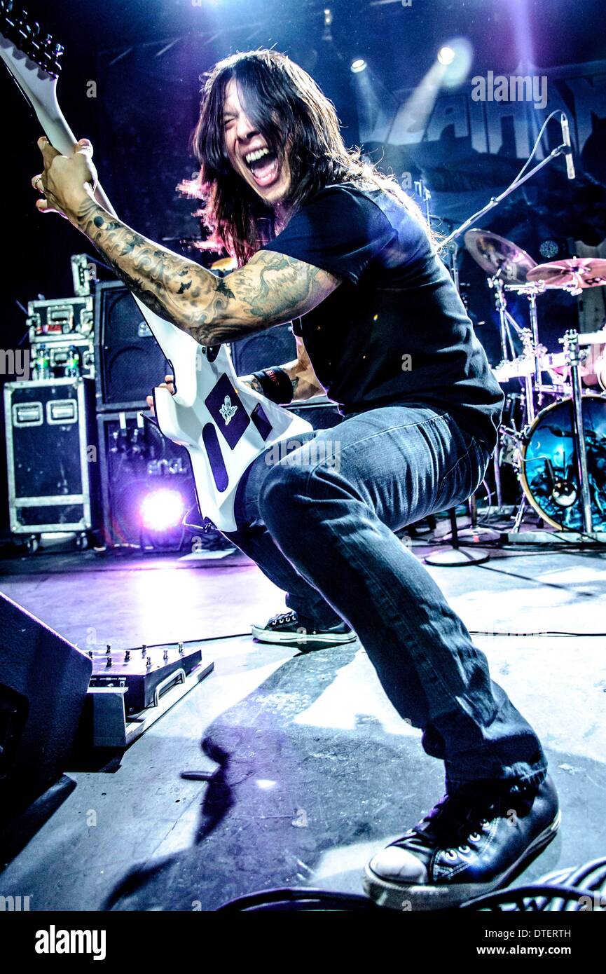 Toronto, Ontario, Canada. 16th Feb, 2014. Guitarist ROB CAVESTANY on stage  as American thrash metal band Death Angel perform at Sound Academy in  Toronto. Credit: Igor Vidyashev/ZUMAPRESS.com/Alamy Live News Stock Photo -