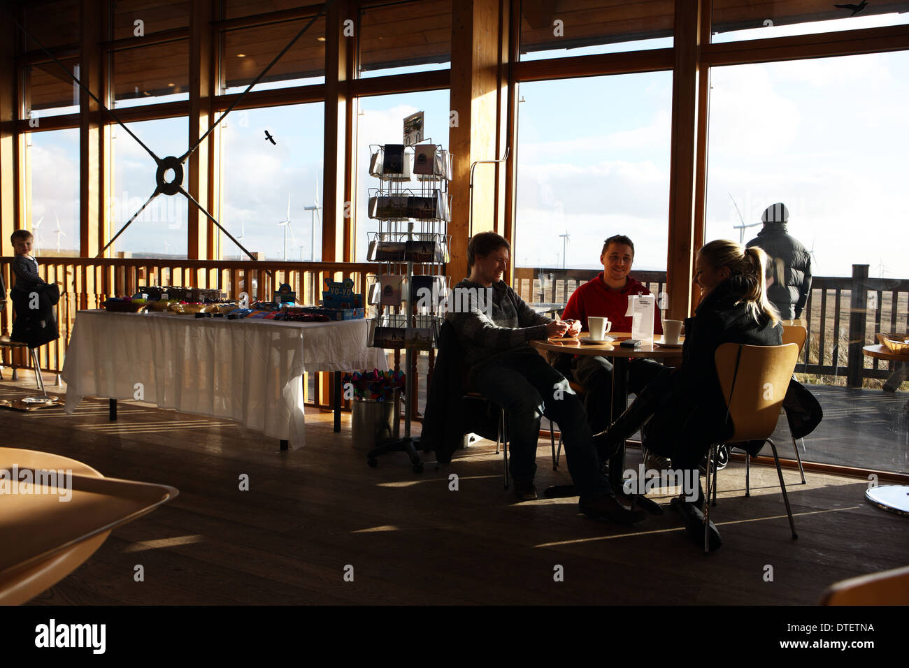 Cafe and viewing deck in the Whitelee windfarm visitor centre at Fenwick Moor near Glasgow Scotland Stock Photo