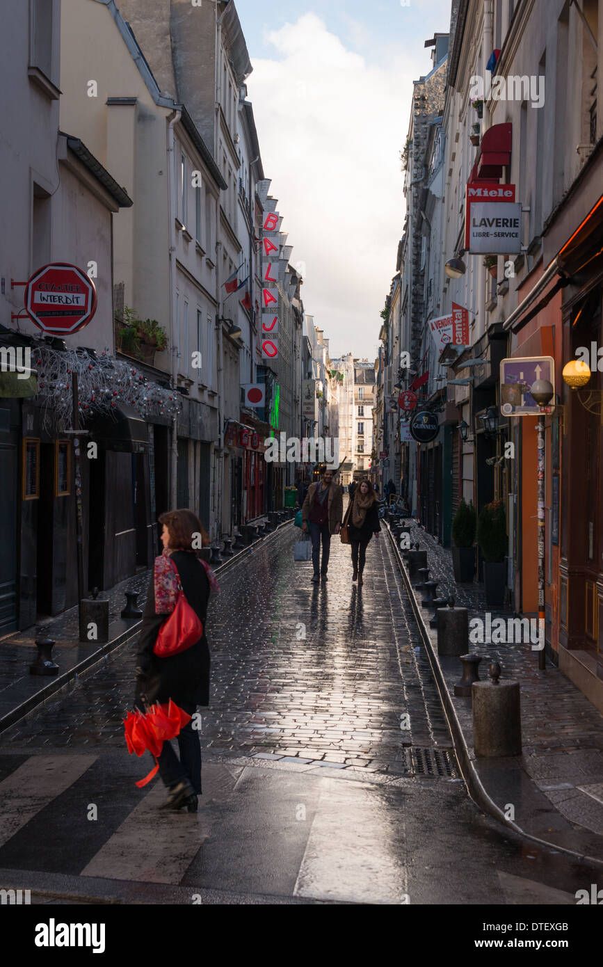 Paris' rue de Lappe after rain Stock Photo