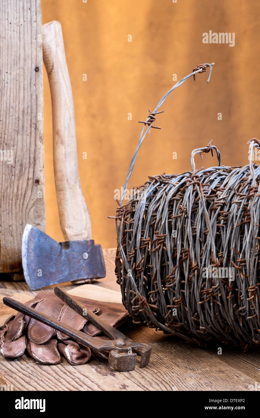 still life with barbed wire and old cutter Stock Photo