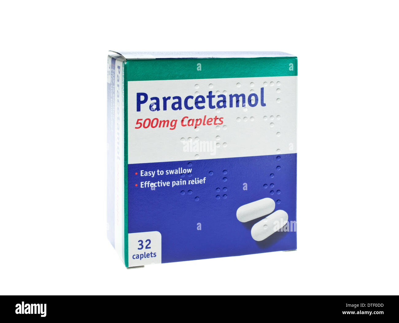 Box of 32 paracetamol tablets caplets on a white background Stock Photo