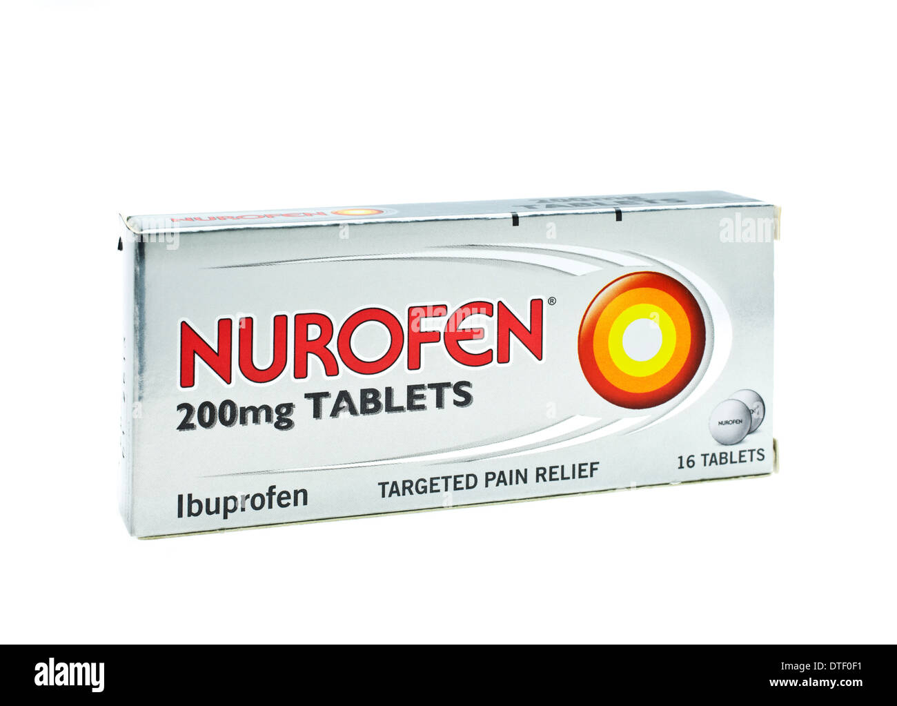 Box of nurofen tablets on a white background Stock Photo
