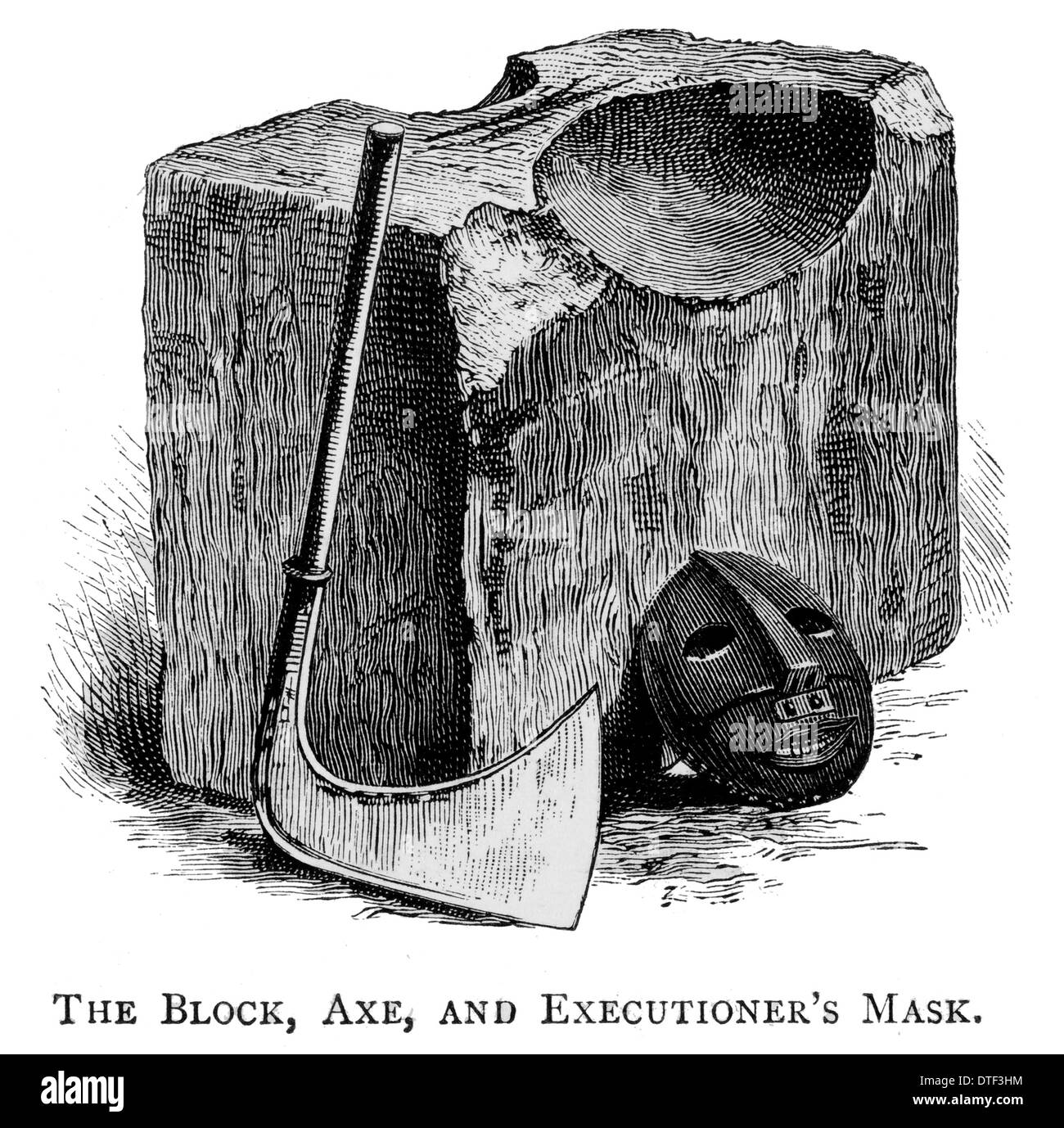 The block, axe, and Executioner's mask Circa 1890 Stock Photo