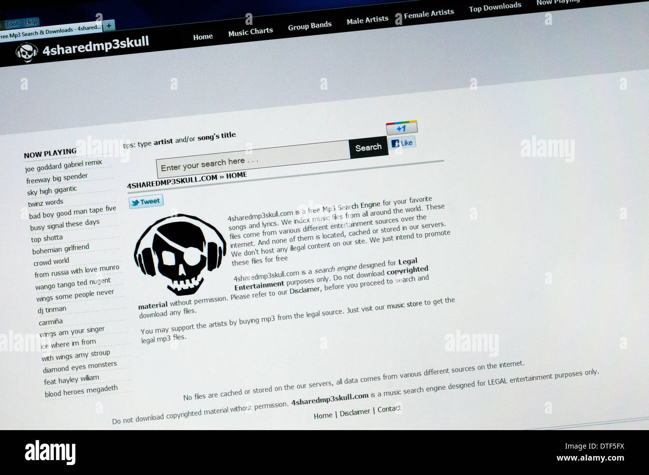 The home page of the 4sharedmp3skull music sharing database. Stock Photo