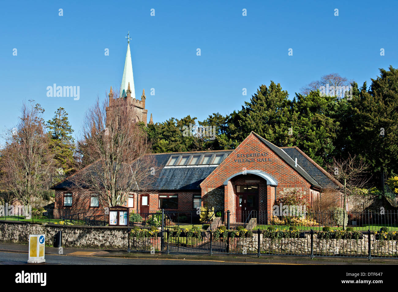 Riverhead village hall, Sevenoaks with the spire of St Mary the Virgin