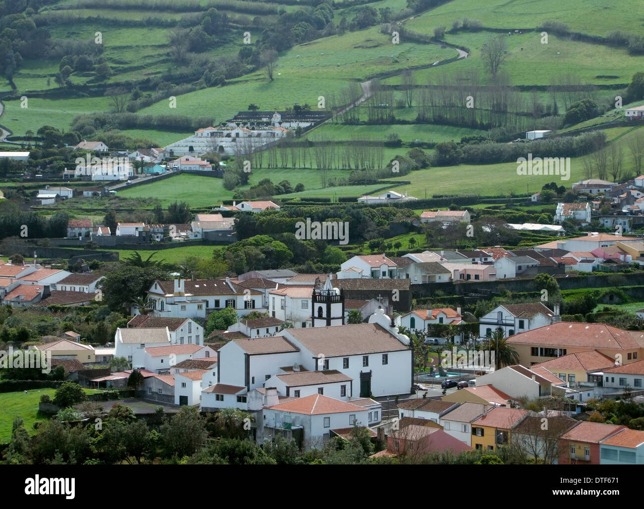 high angle settlement scenery at São Miguel Island, the biggest island of the Azores Archipelago, a group of vulcanic islands Stock Photo