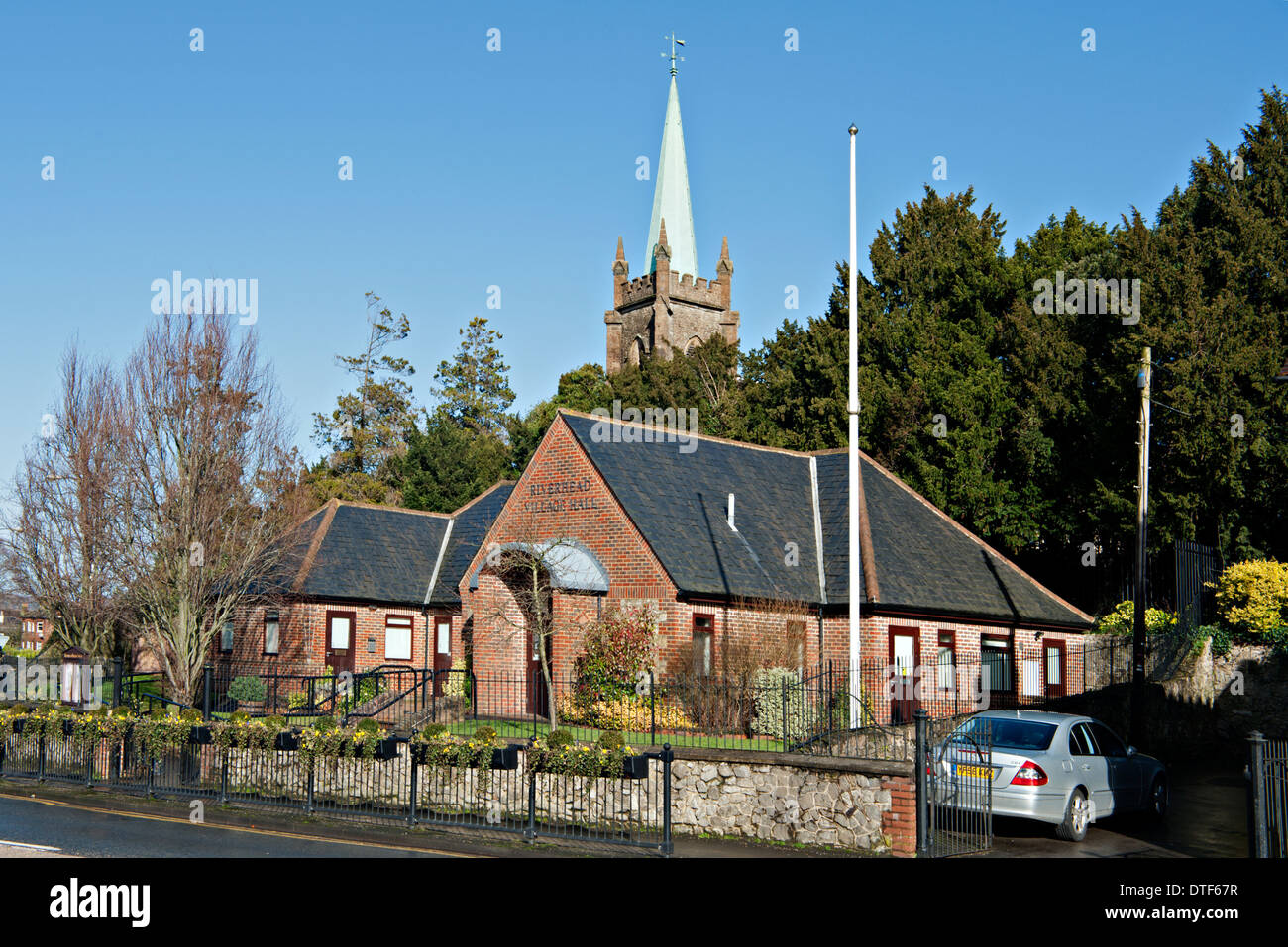 Riverhead village hall, Sevenoaks with the spire of St Mars the Virgin
