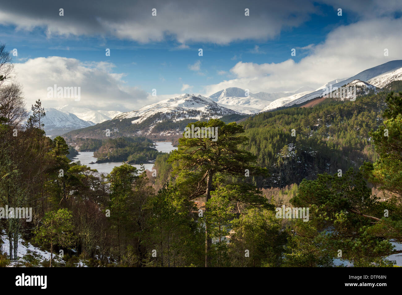 GLEN AFFRIC SCOTLAND WITH MOUNTAINS COVERED IN WINTER SNOW CALEDONIAN PINE TREE ON THE HILLSIDES AND THE LOCHS IN THE DISTANCE Stock Photo