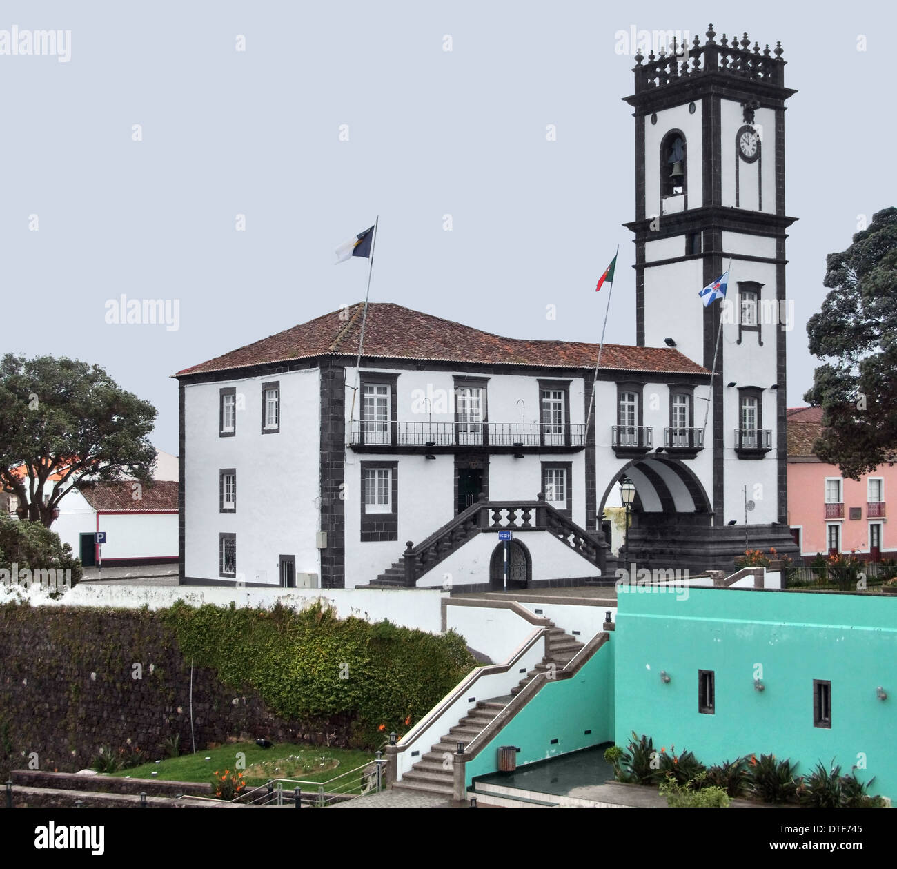 building with clock tower at Ponta Delgada, capital city of the Azores ...