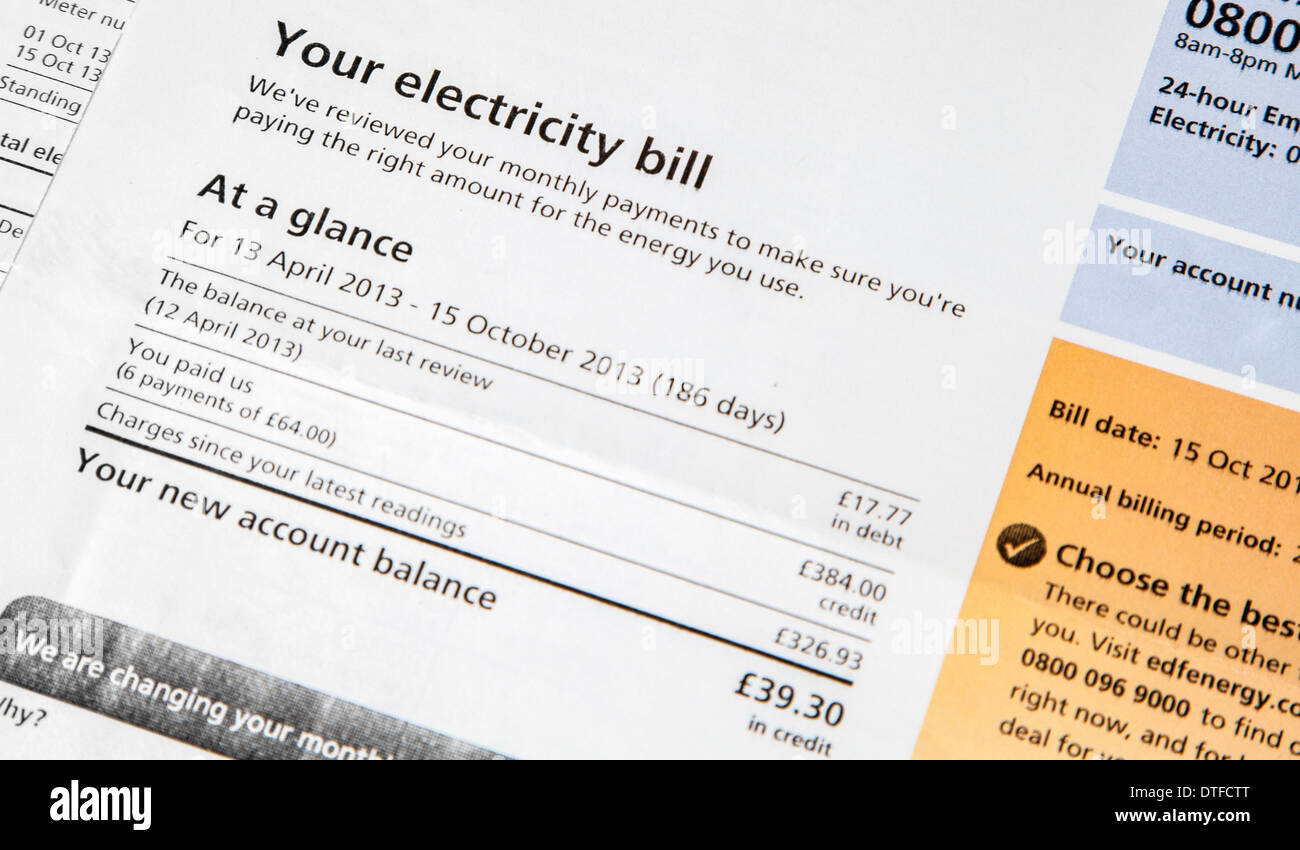 Paper electricity bill from UK energy supplier Stock Photo